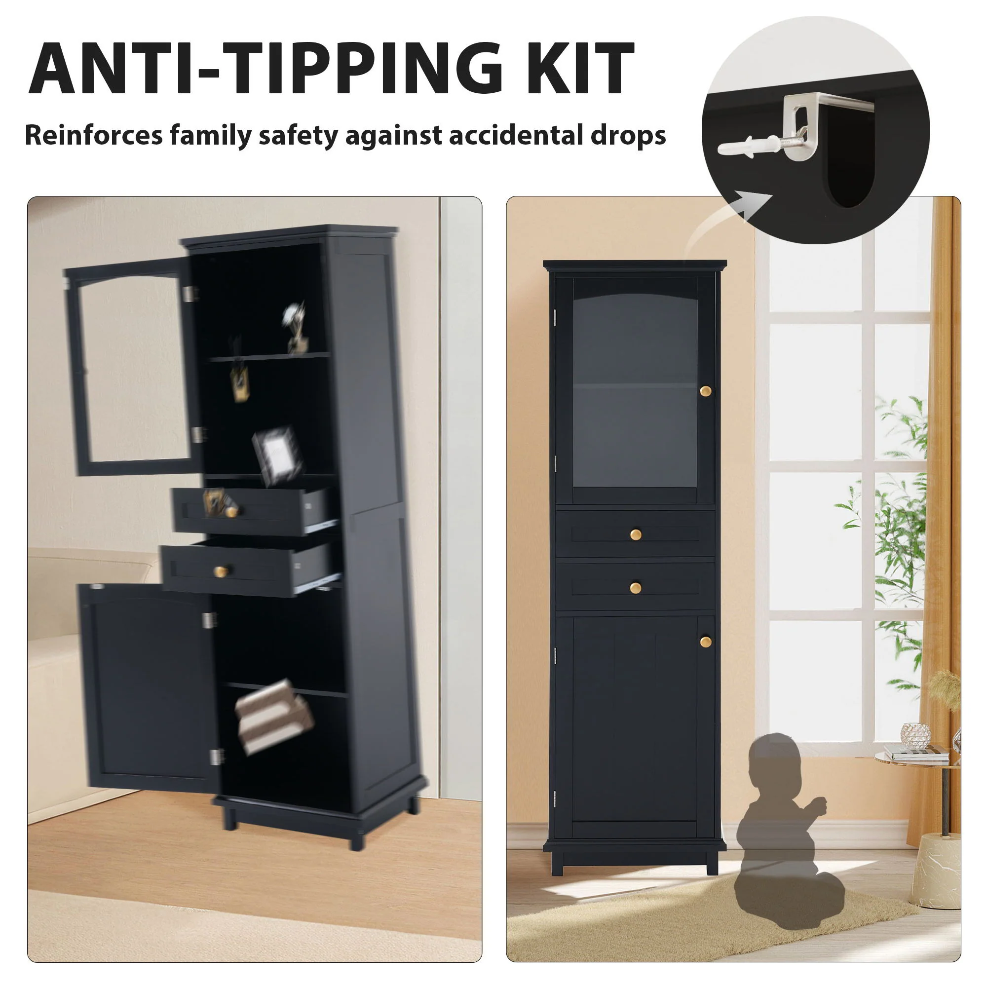 Tall Bathroom Storage Cabinet With Glass Doors, Free-Standing, Two Drawers, And Adjustable Shelves, Board, Painted Perfect For Displaying Your Favorite Items - Image 4