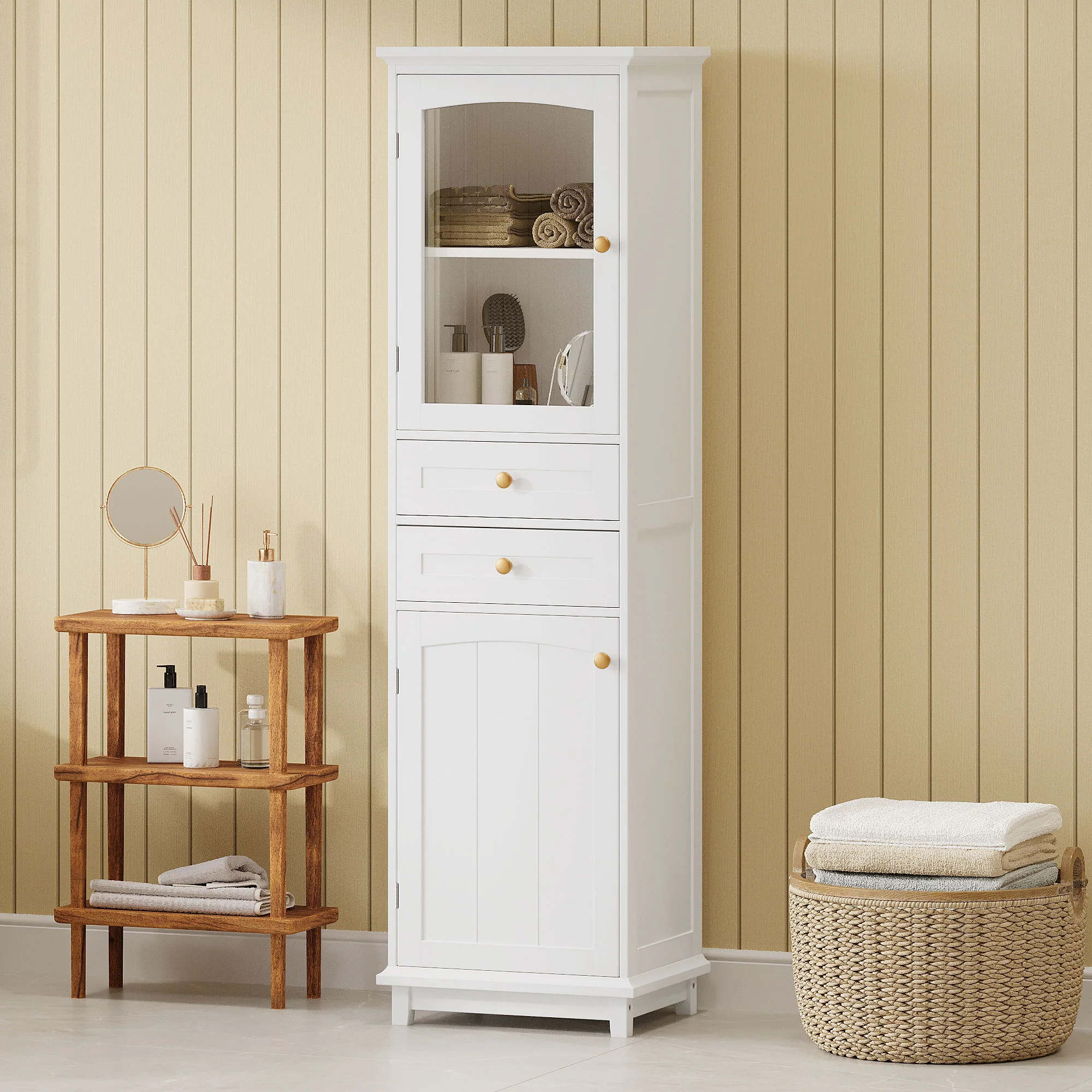 Tall Bathroom Storage Cabinet With Glass Doors, Free-Standing, Two Drawers, And Adjustable Shelves, Board, Painted Perfect For Displaying Your Favorite Items - Image 6