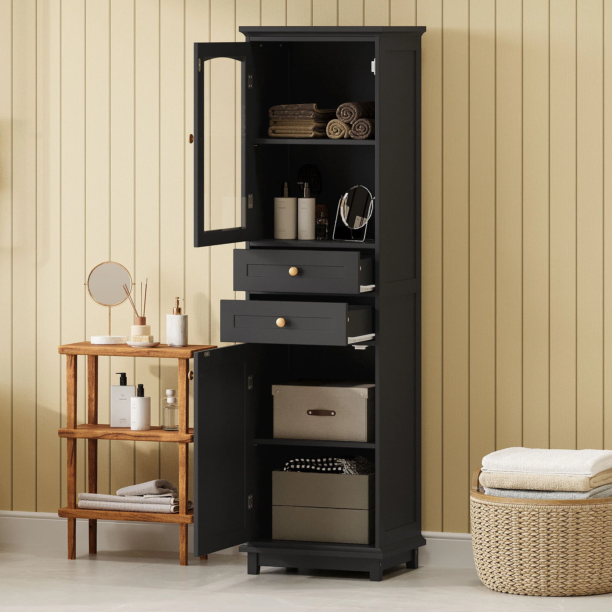 Tall Bathroom Storage Cabinet With Glass Doors, Free-Standing, Two Drawers, And Adjustable Shelves, Board, Painted Perfect For Displaying Your Favorite Items - Image 8