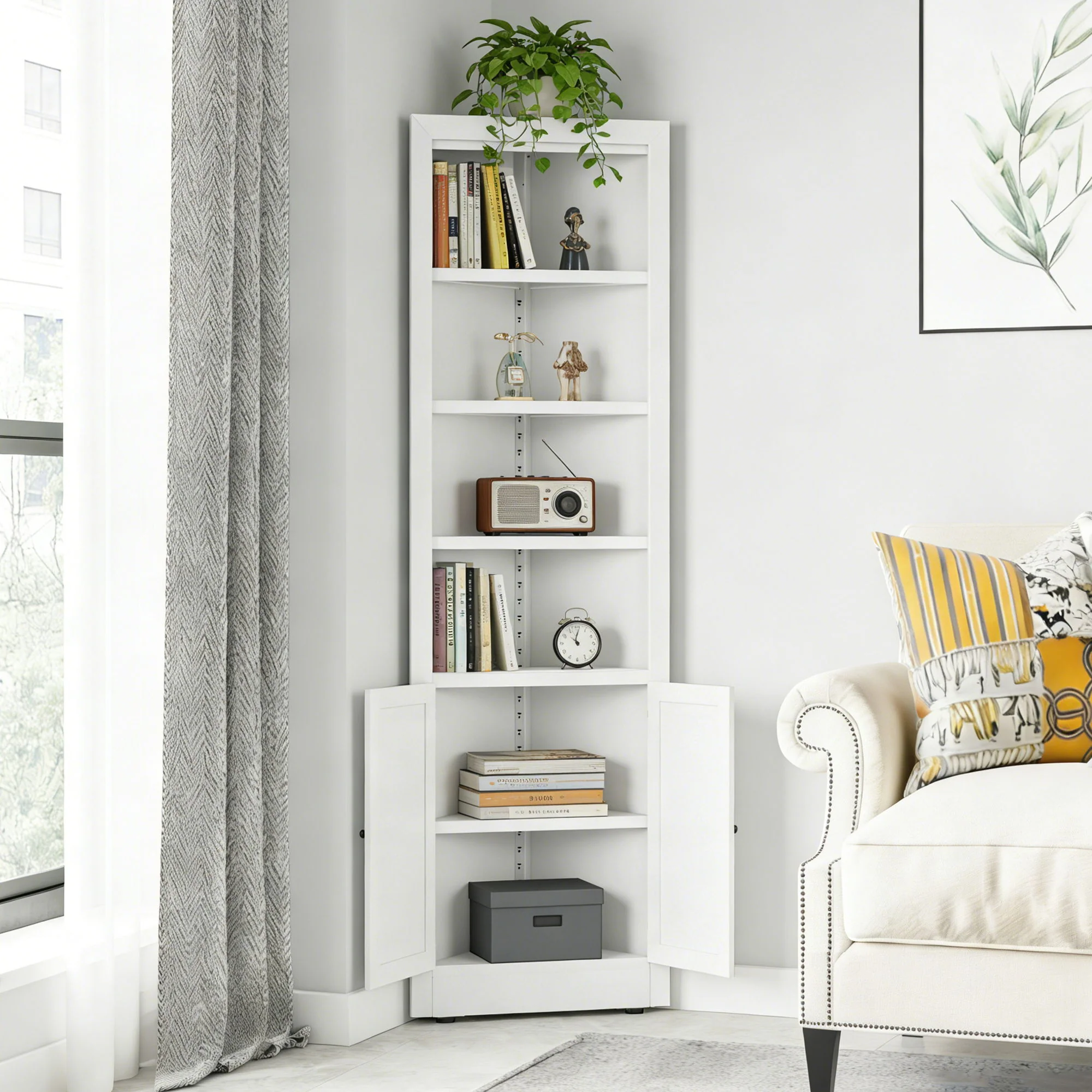 Tall Corner Storage Cabinet With 2 Doors, 5-Tier With Adjustable Shelve, Freestanding - White - Image 2