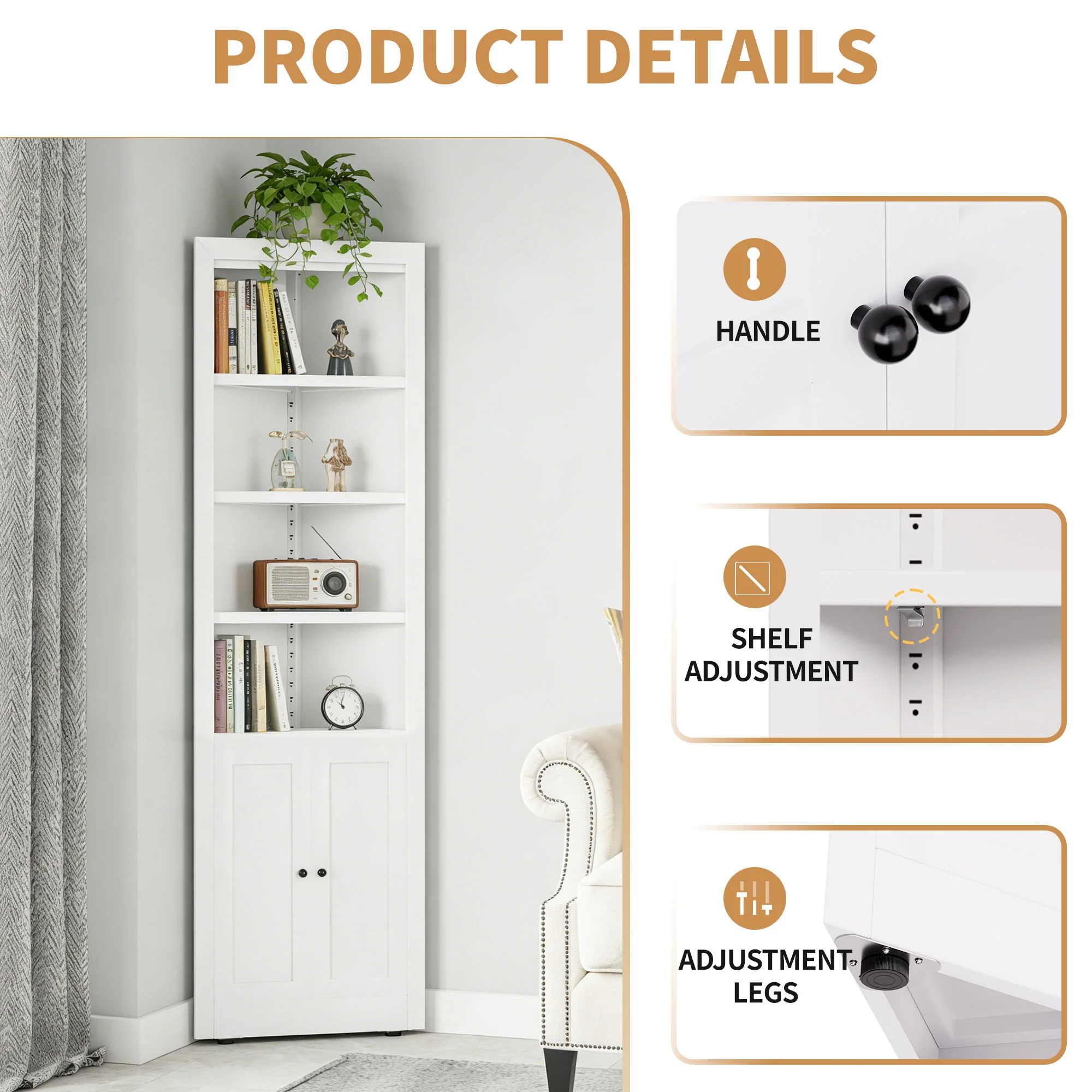 Tall Corner Storage Cabinet With 2 Doors, 5-Tier With Adjustable Shelve, Freestanding - White - Image 3