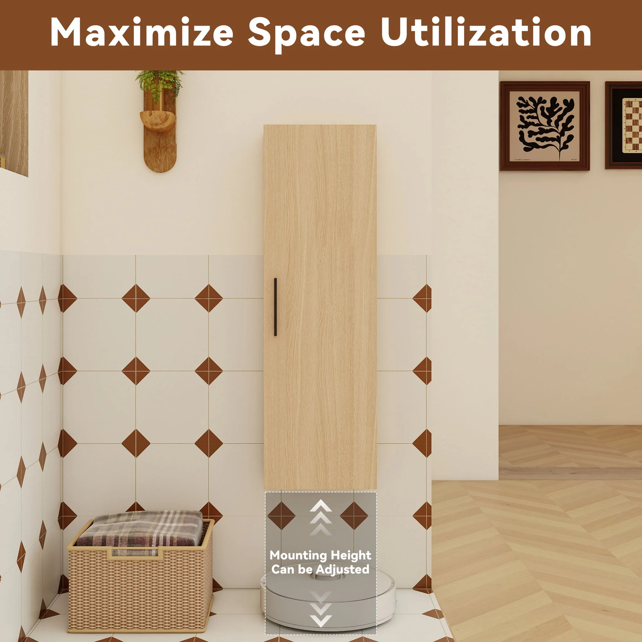 Tall Floating Bathroom Side Cabinet, Wall Mounted Single Door Storage - Light Oak - Image 9