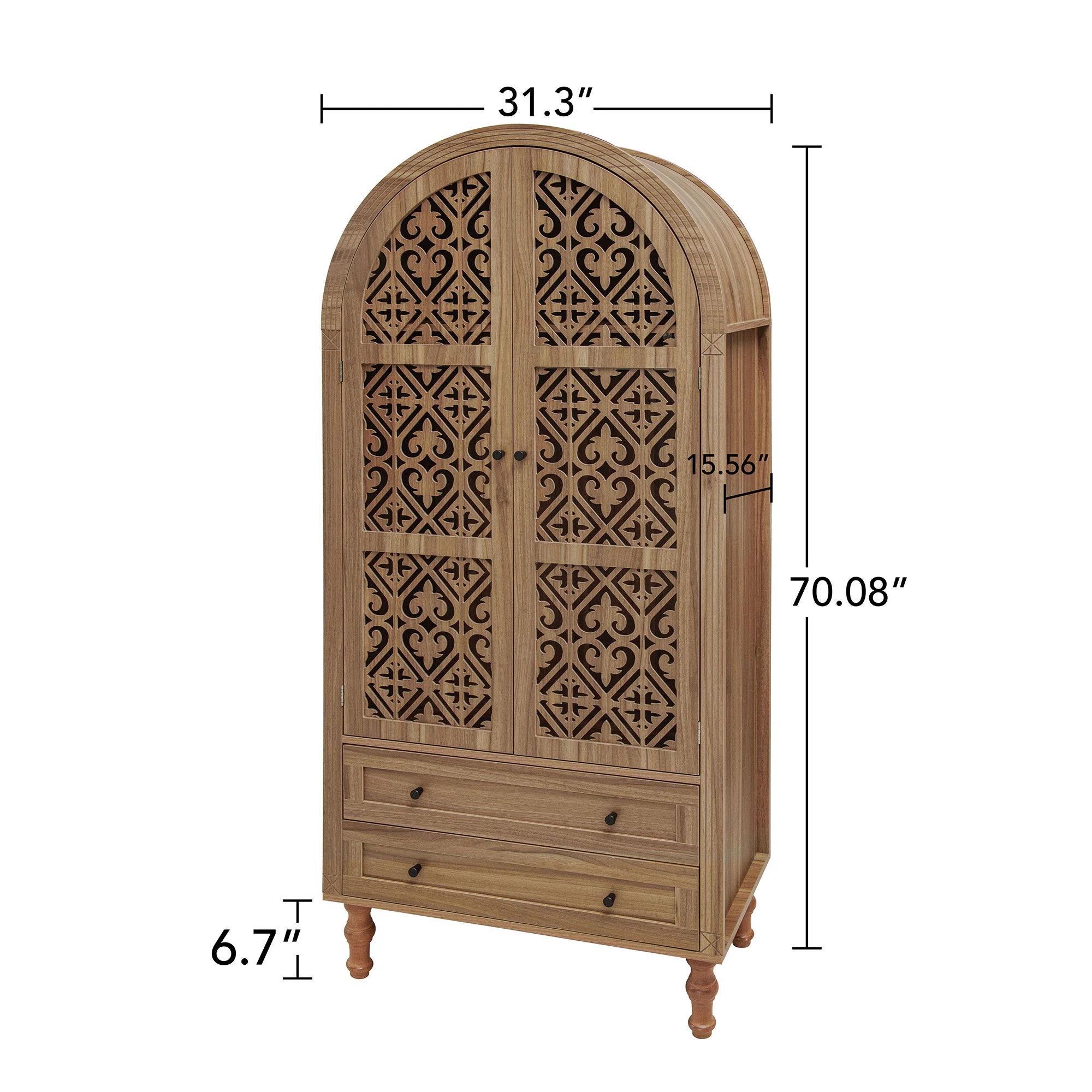 Tall Kitchen Pantry Cabinet With Hollow Carved Doors 2 Drawers And Adjustable Shelves Storage Display Cabinet For Kitchen Dining Room Or Living Room - Walnut - Image 6