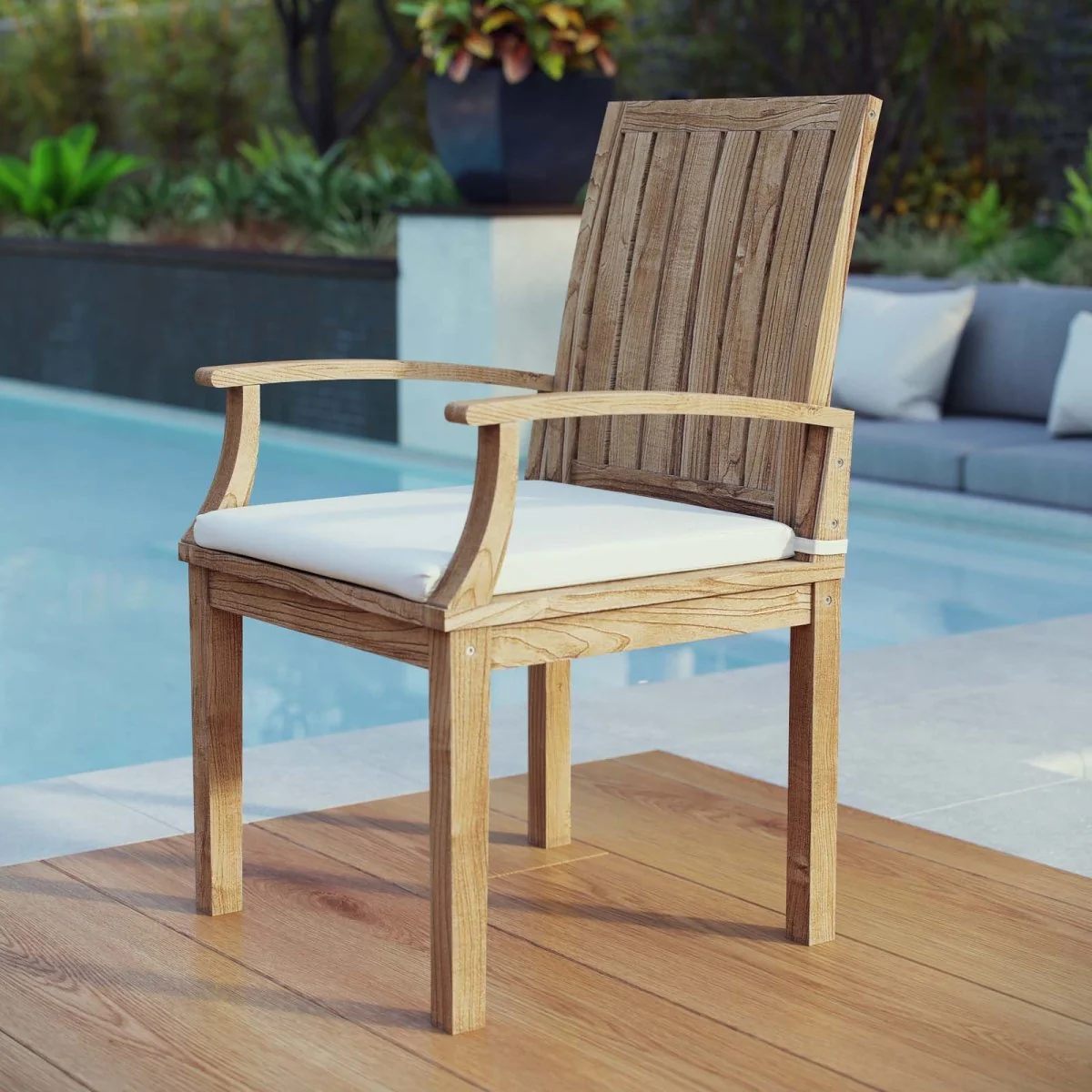 Teak Outdoor Dining Armchair with Cushion – Natural White - Image 5