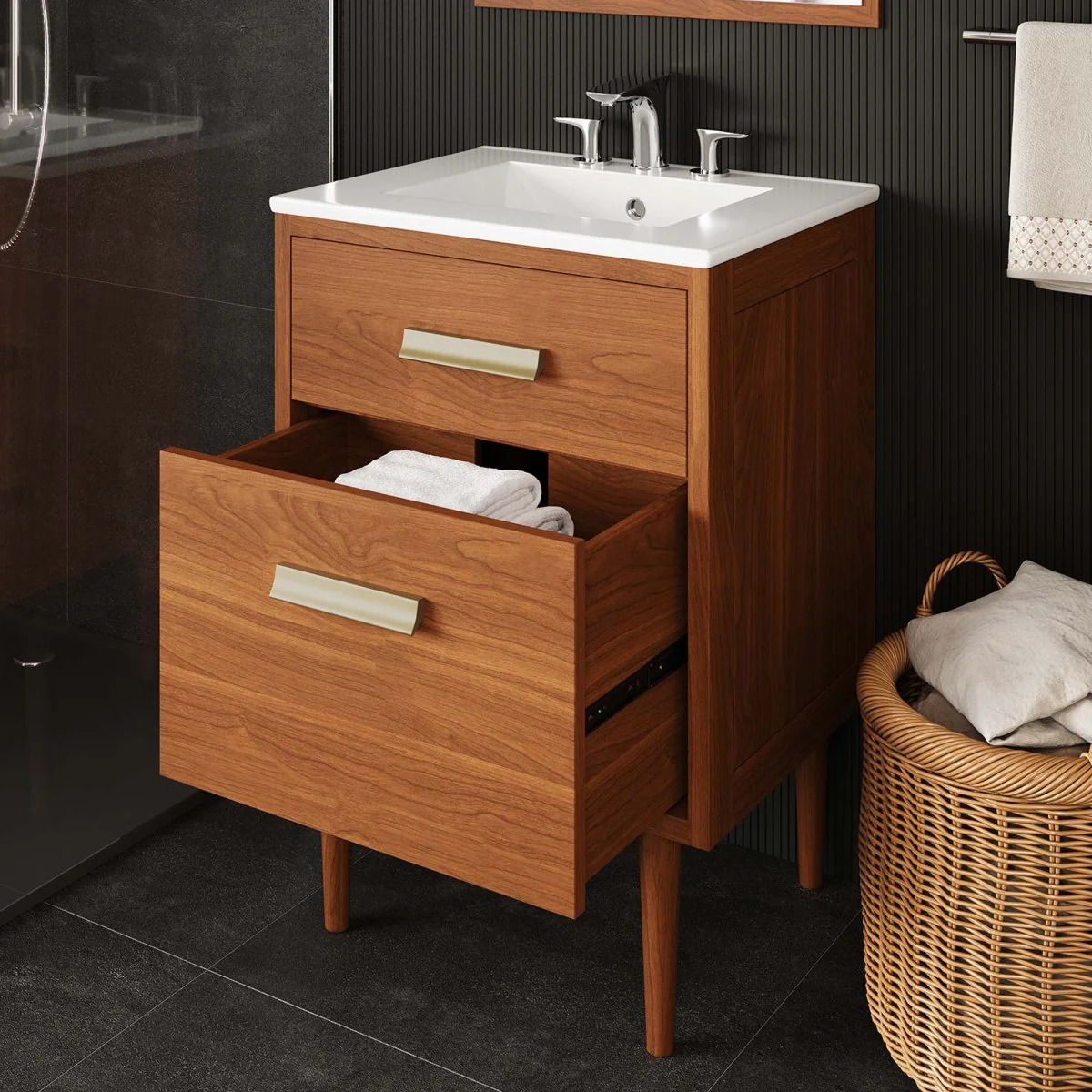 Teak Wood Bathroom Vanity Cabinet with Classic Hardware and Spacious Storage - Image 10