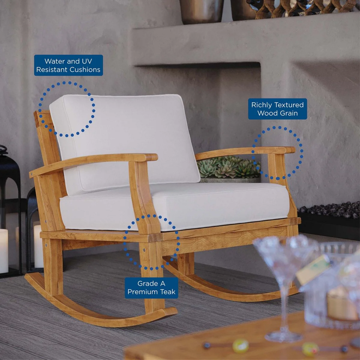 Teak Wood Outdoor Patio Rocking Chair with Cushioned Seat and Slatted Back - Image 2