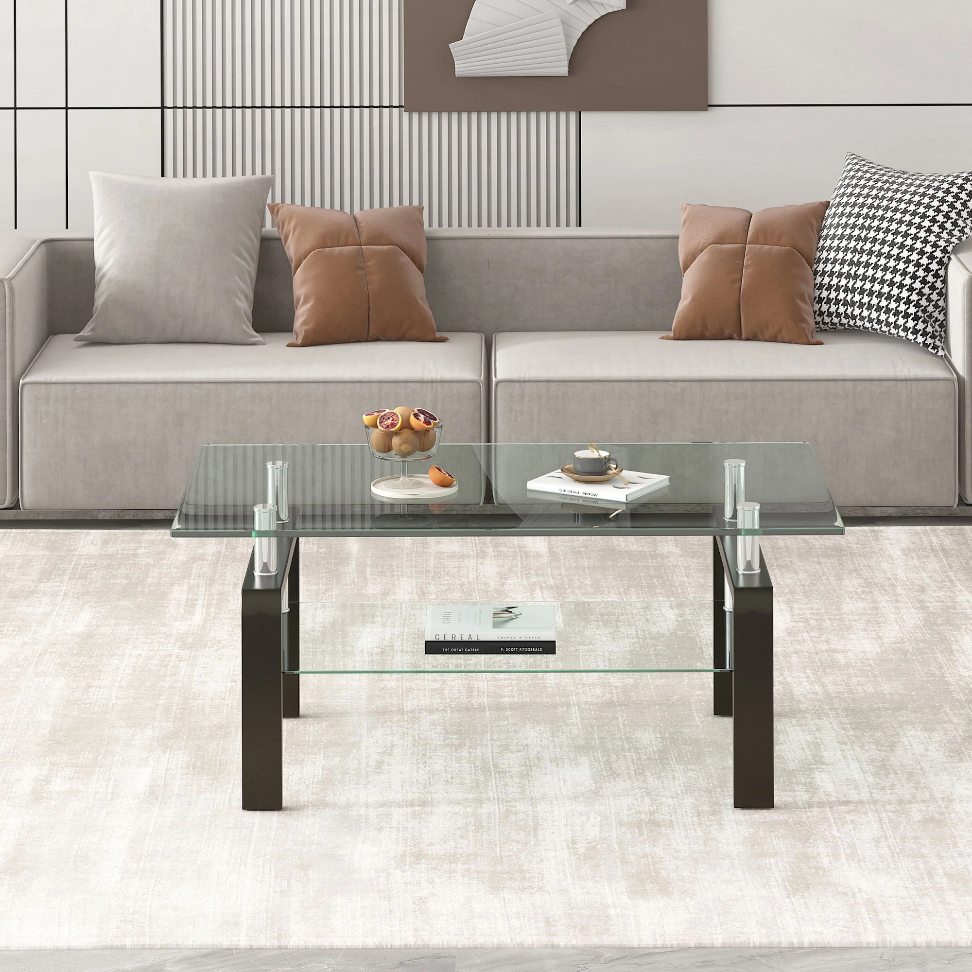 Tempered Clear Glass Coffee Table, 2-Layers Coffee Table Living Room Center Table - Black - Image 2
