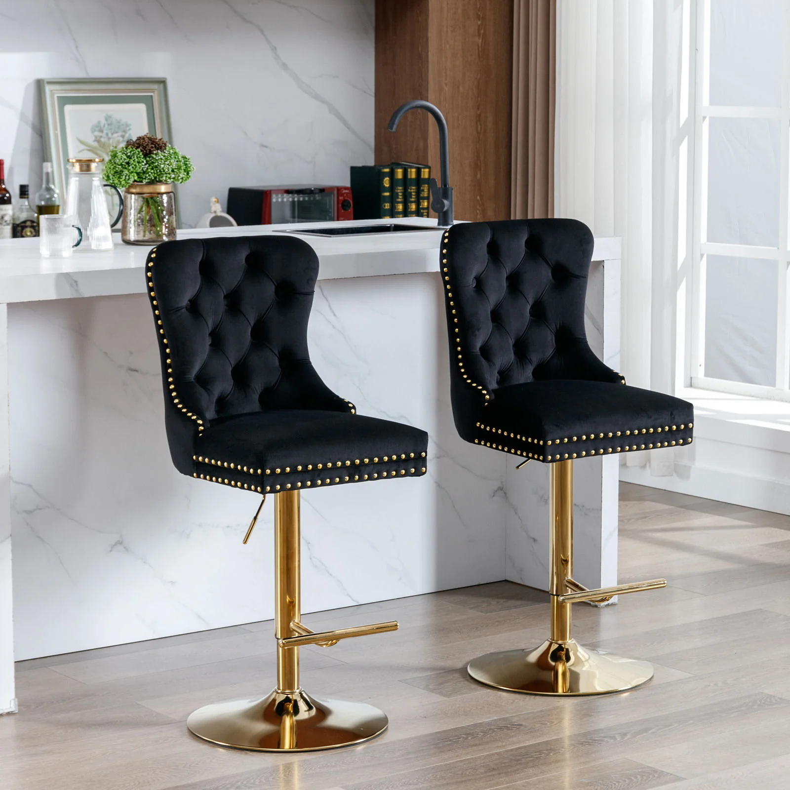 Thick Swivel Barstools Adjusatble Seat Height From 25-33", Modern Upholstered Bar Stools With Backs Comfortable Tufted For Home Pub And Kitchen Island (Set of 2) - Image 8