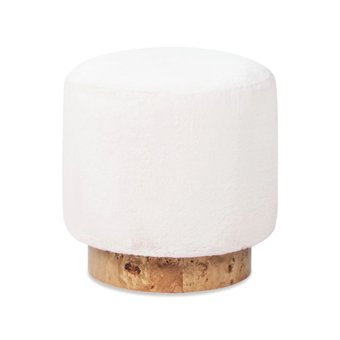 Tilly - Round Fur Upholstered / Burl Pouf Ottoman - White - Image 4