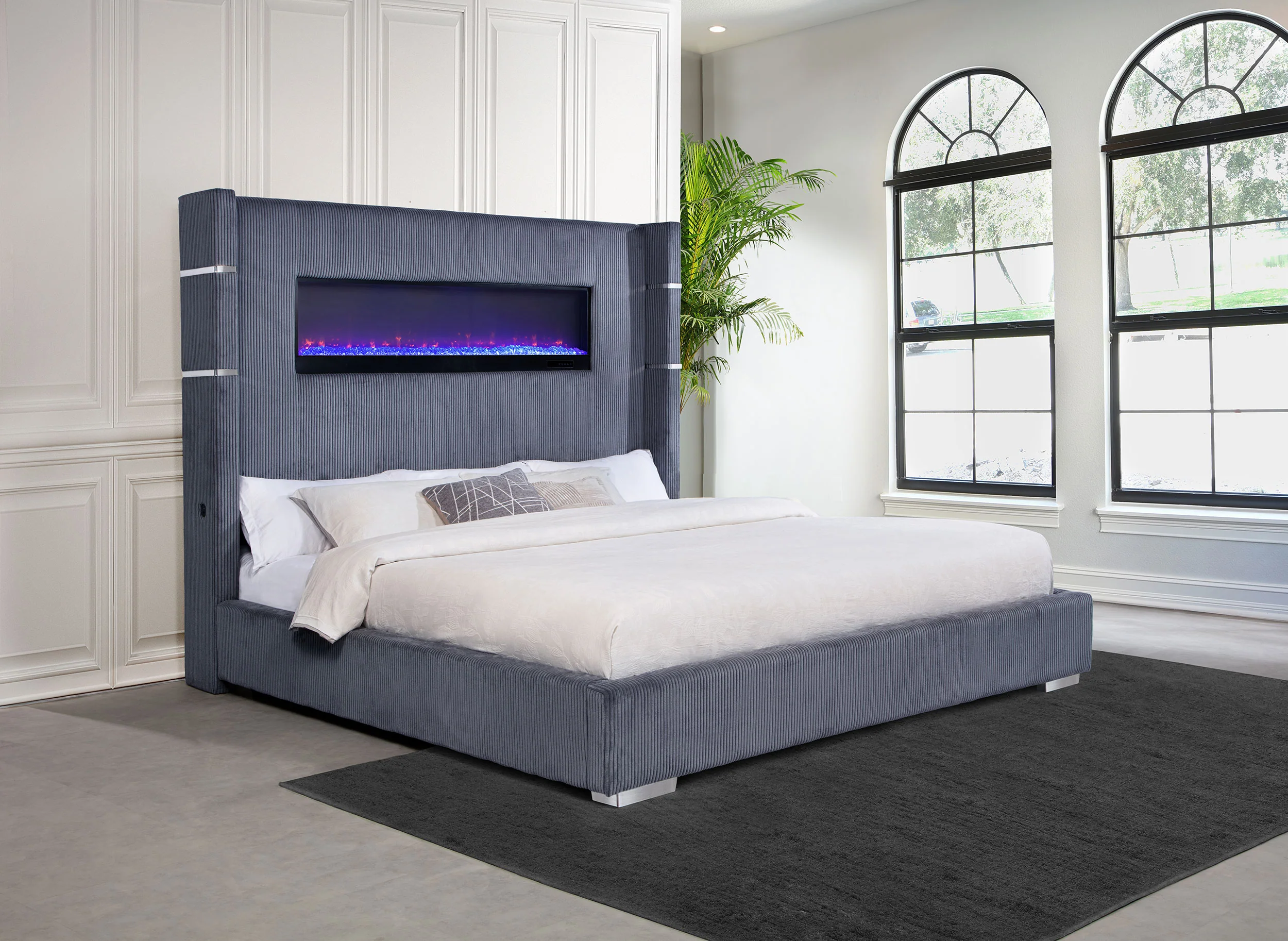 Tisdall Upholstered Eastern King Bed with Flame Visualizer, Grey - Image 4