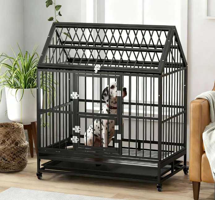 Titan 48-Inch Heavy Duty Steel Dog Crate with Pointed Roof and Lockable Wheels - Image 2