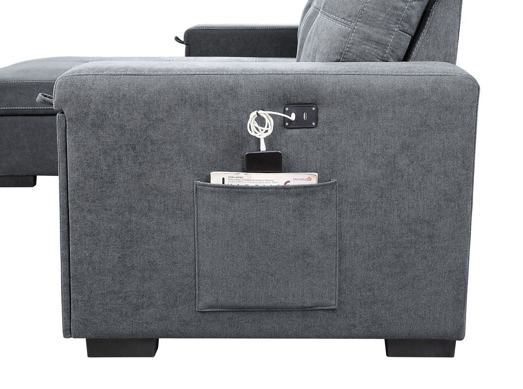 Toby - Woven Fabric Reversible Sleeper Sectional Sofa With Storage Chaise Cup Holder Charging Ports And Pockets - Image 12