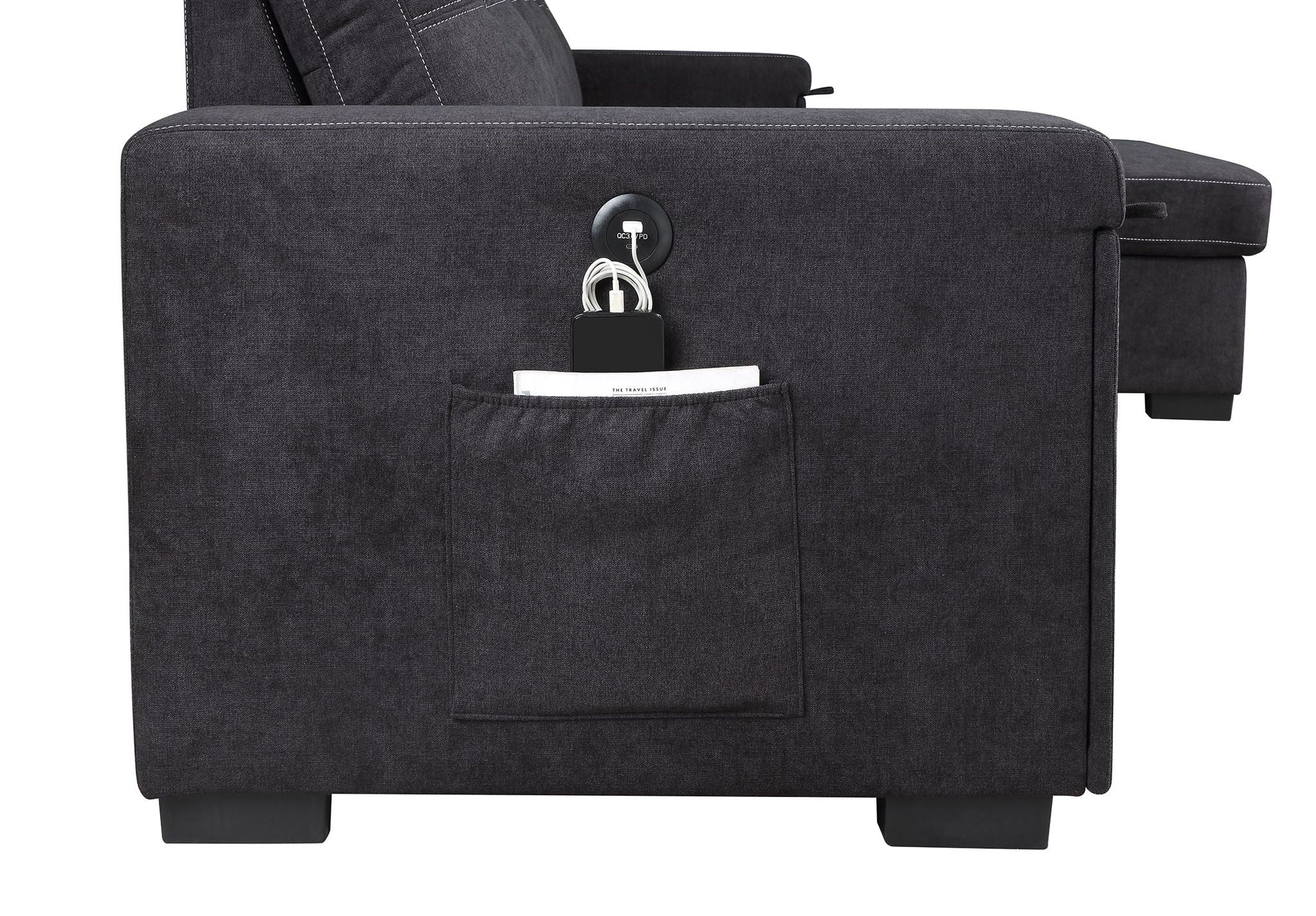 Toby - Woven Fabric Reversible Sleeper Sectional Sofa With Storage Chaise Cup Holder Charging Ports And Pockets - Image 15