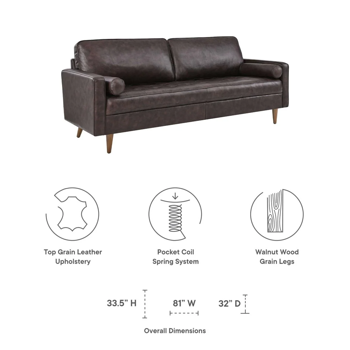 Top Grain Leather 81" Sofa with Biscuit Tufting - Image 8