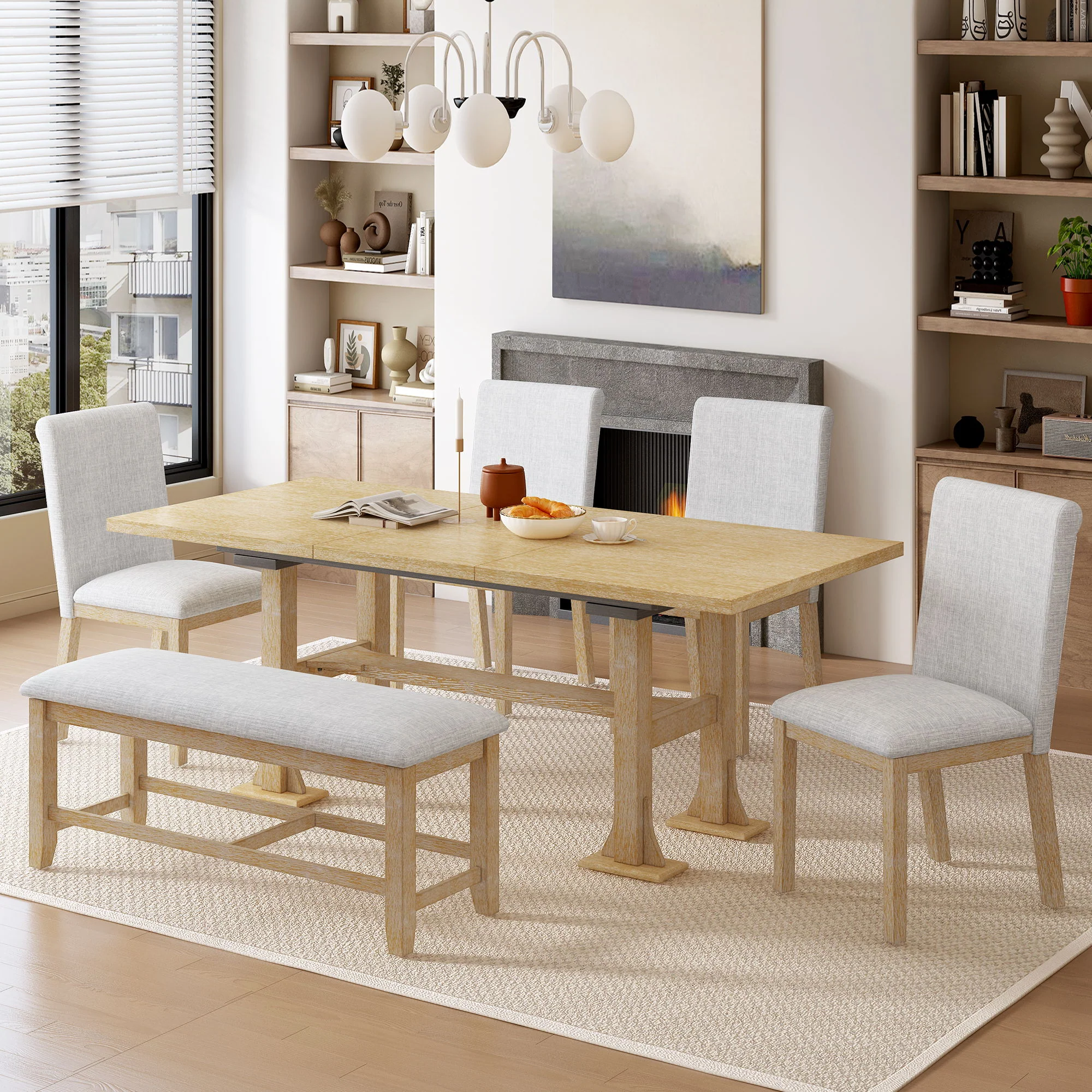 Topmax - 6 Piece Farmhouse Extendable Dining Table Set Trestle Kitchen Table Set With Removable Leaf And Upholstered Dining Chair And Bench For Dining Room - Image 17