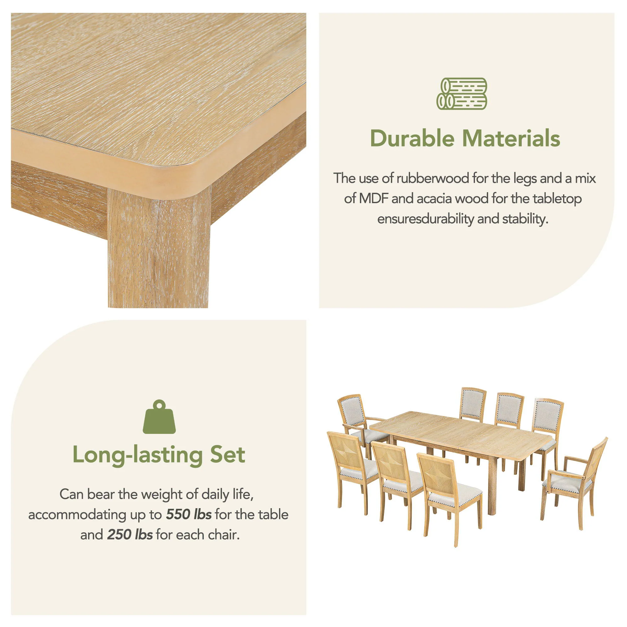 Topmax - Rustic Extendable Dining Table Set With Removable Leaf, 6 Upholstered Armless Dining Chairs And 2 Padded Arm Chairs, 9 Pieces - Image 9