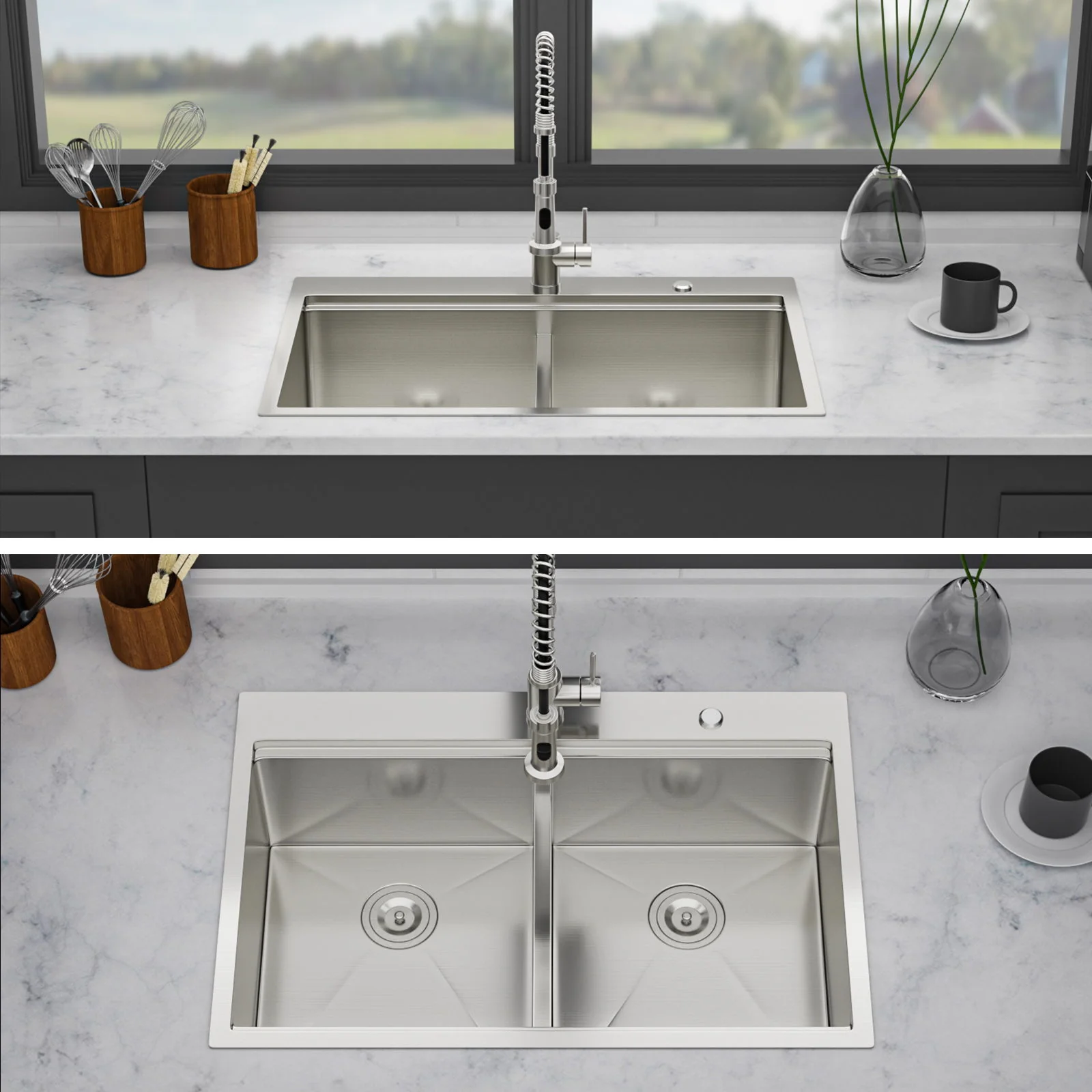 Topmount Drop In Kitchen Sink, Double Bowl Stainless Steel - Brushed Nickel - Image 6