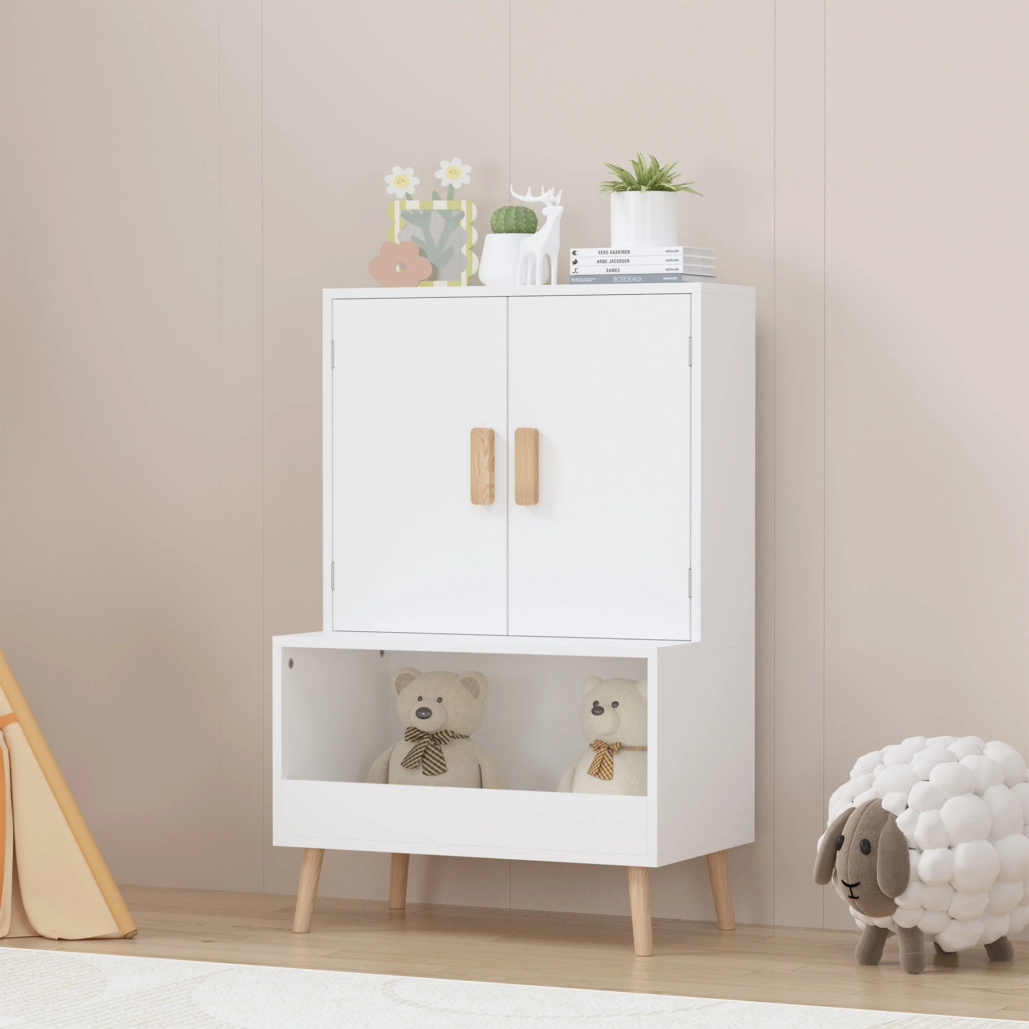 Toy Storage Cabinet With Doors And Open Shelf, Toddler Bookshelf For Playroom - White - Image 8