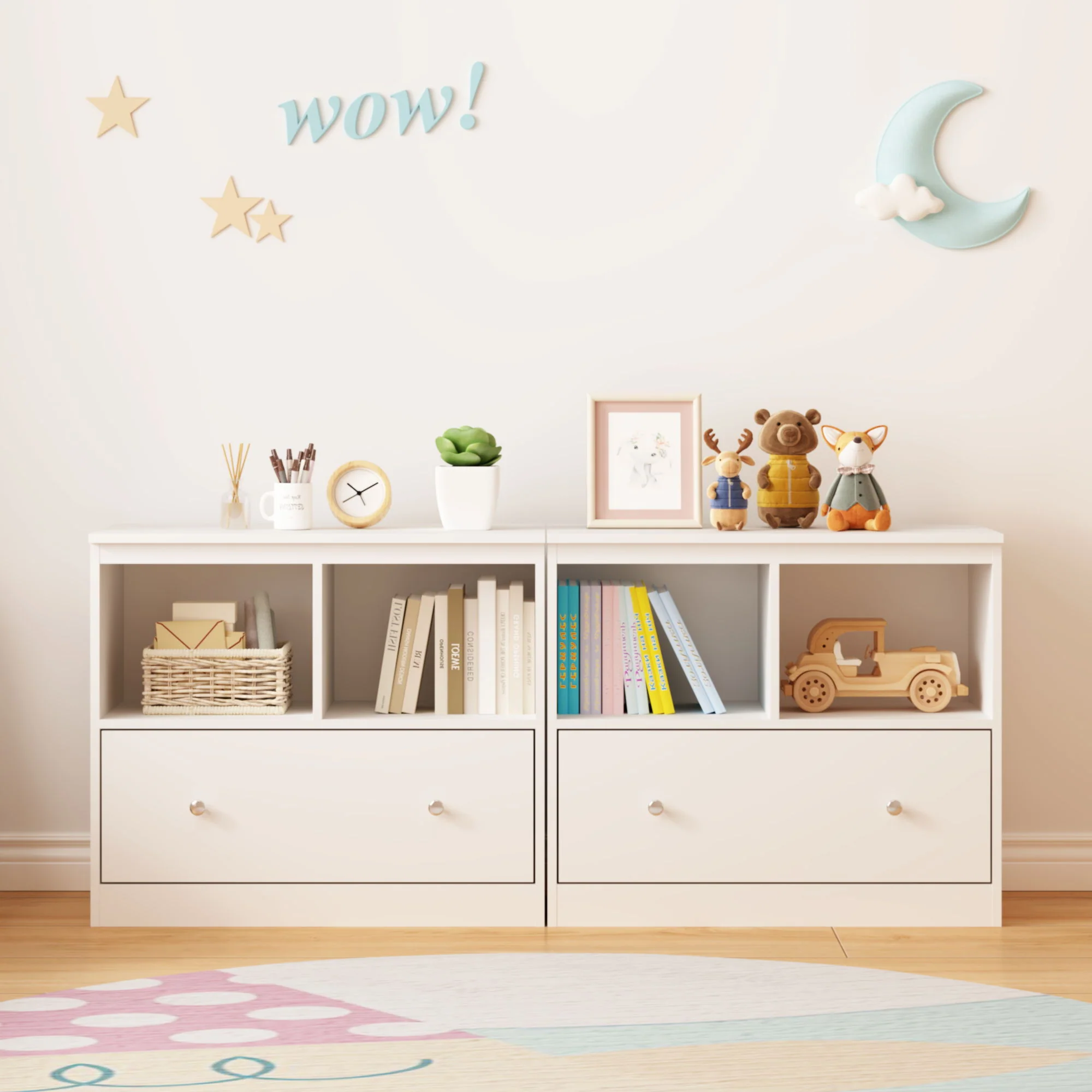 Toy Storage Organizer With Large Drawer And Low Bookshelf For Nursery & Playroom - White - Image 5