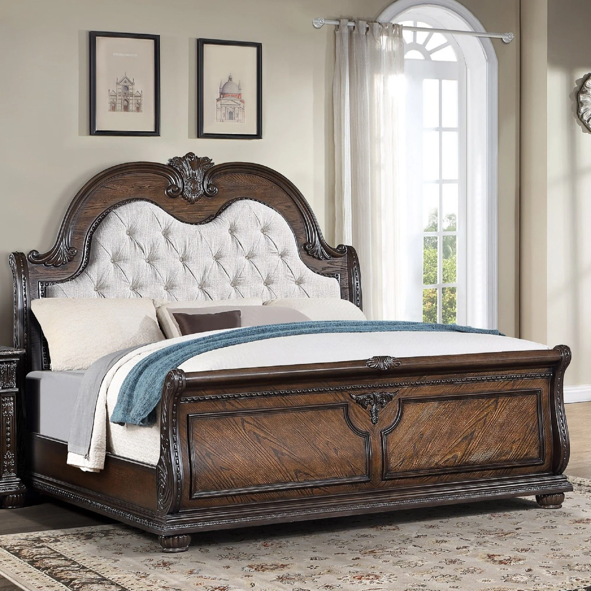 Traditional Style Button Tufted Headboard Sleigh Bed - Image 6