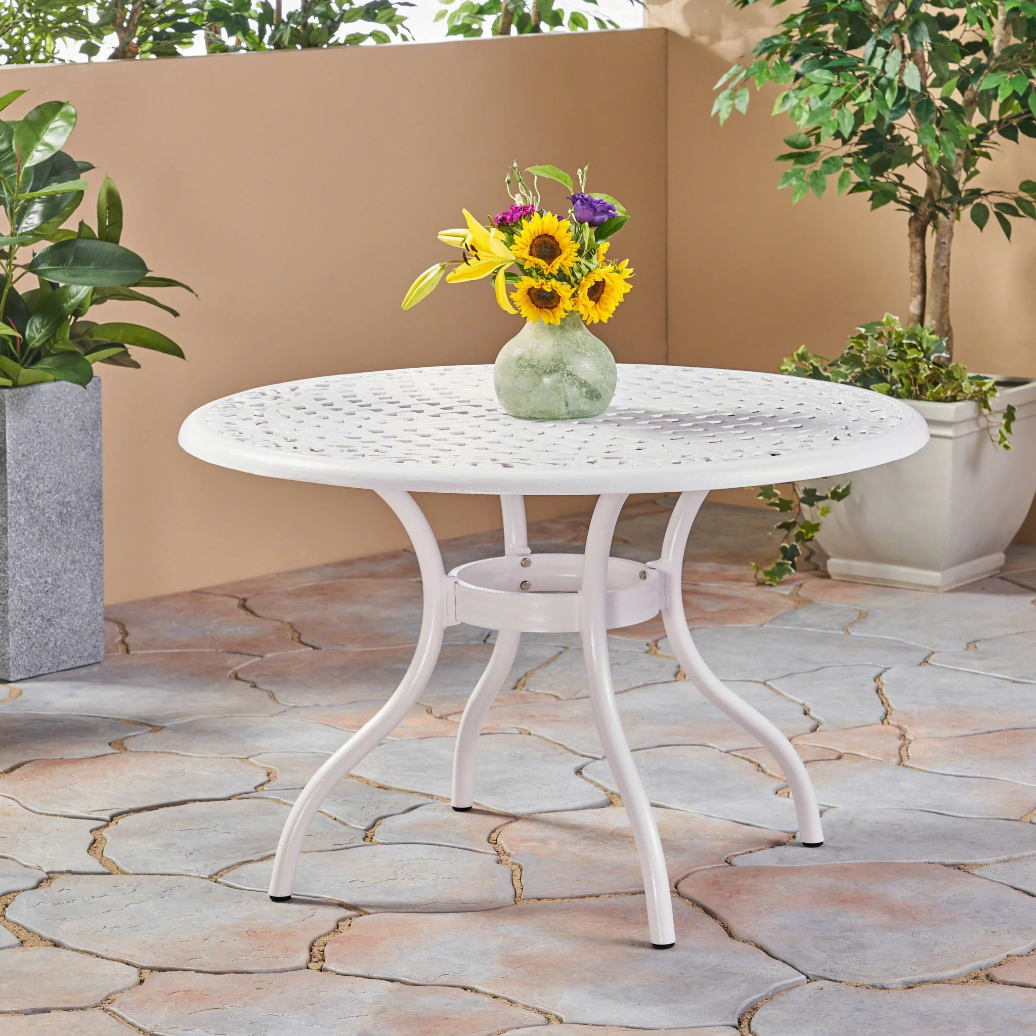 Tranquilius - Outdoor Round Dining Table With Lattice Tabletop, Umbrella Hole And Curved Legs - Image 10