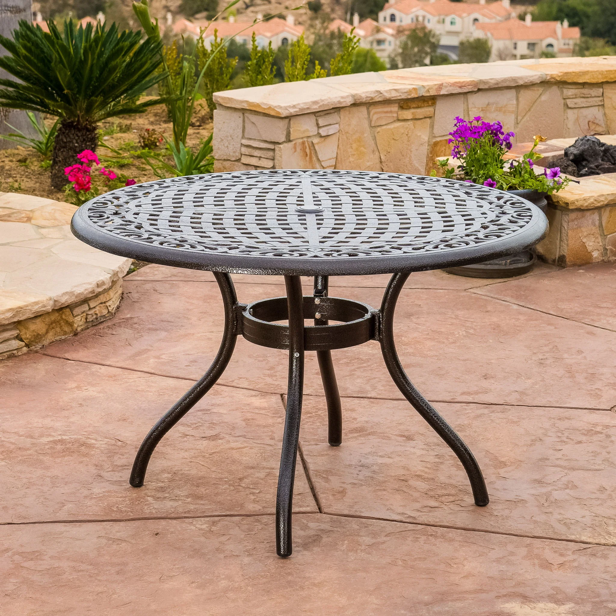 Tranquilius - Outdoor Round Dining Table With Lattice Tabletop, Umbrella Hole And Curved Legs - Image 13