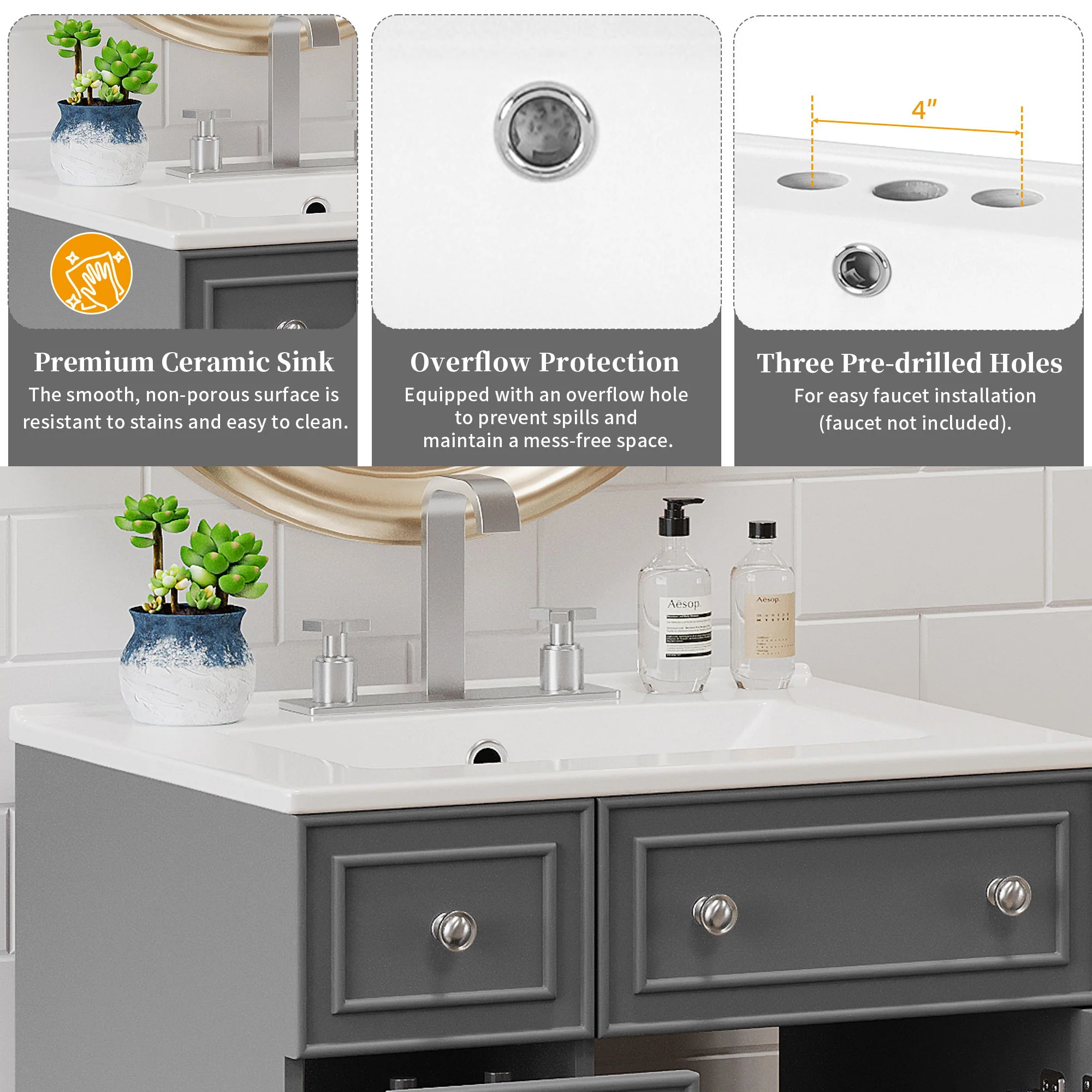 Transitional Style Bathroom Vanity Cabinet With Ceramic Sink - Image 18