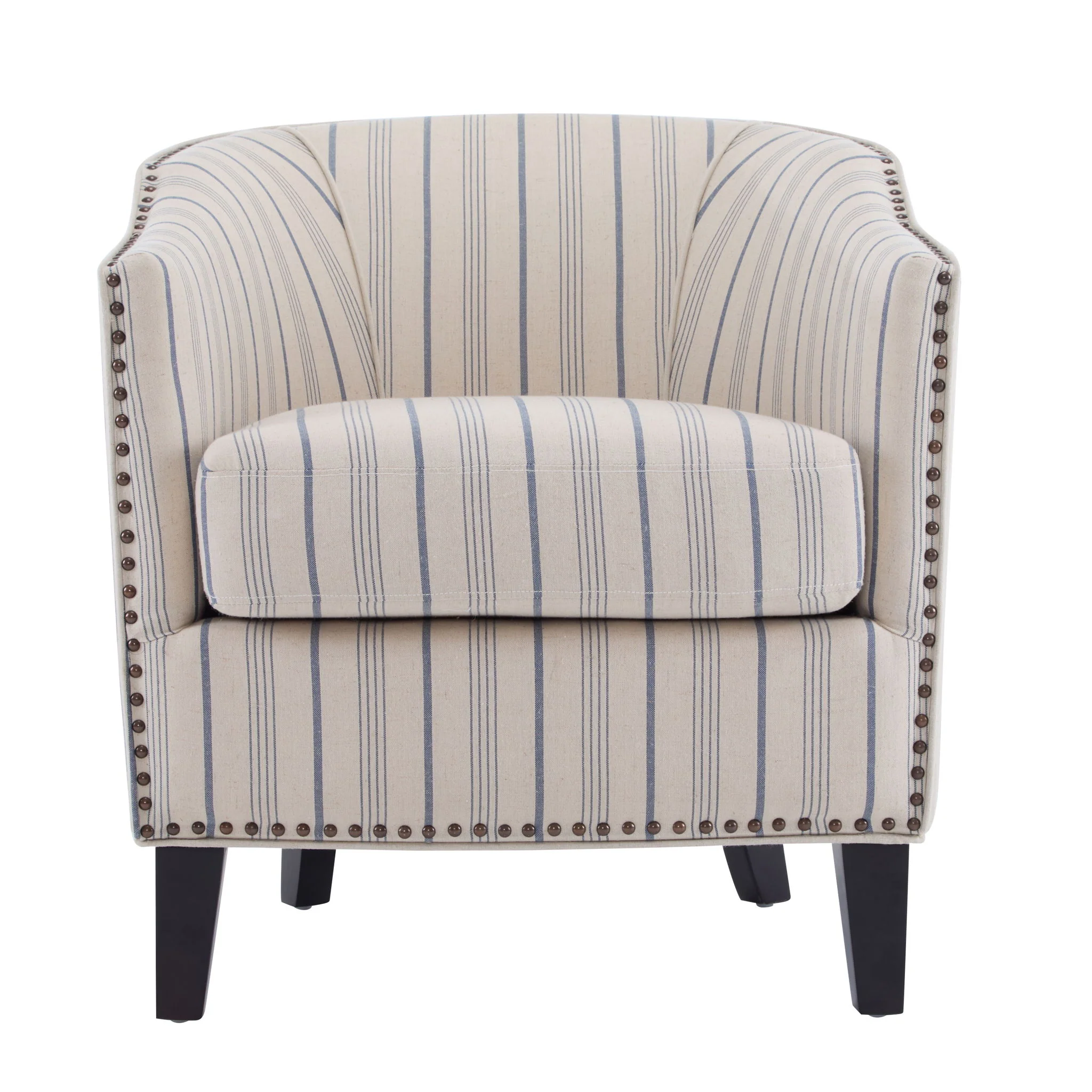Transitional Upholstered Stripe Barrel Chair With Birch Wood Legs And Plush Cushioned Seat - Beige / Blue Stripe - Image 6