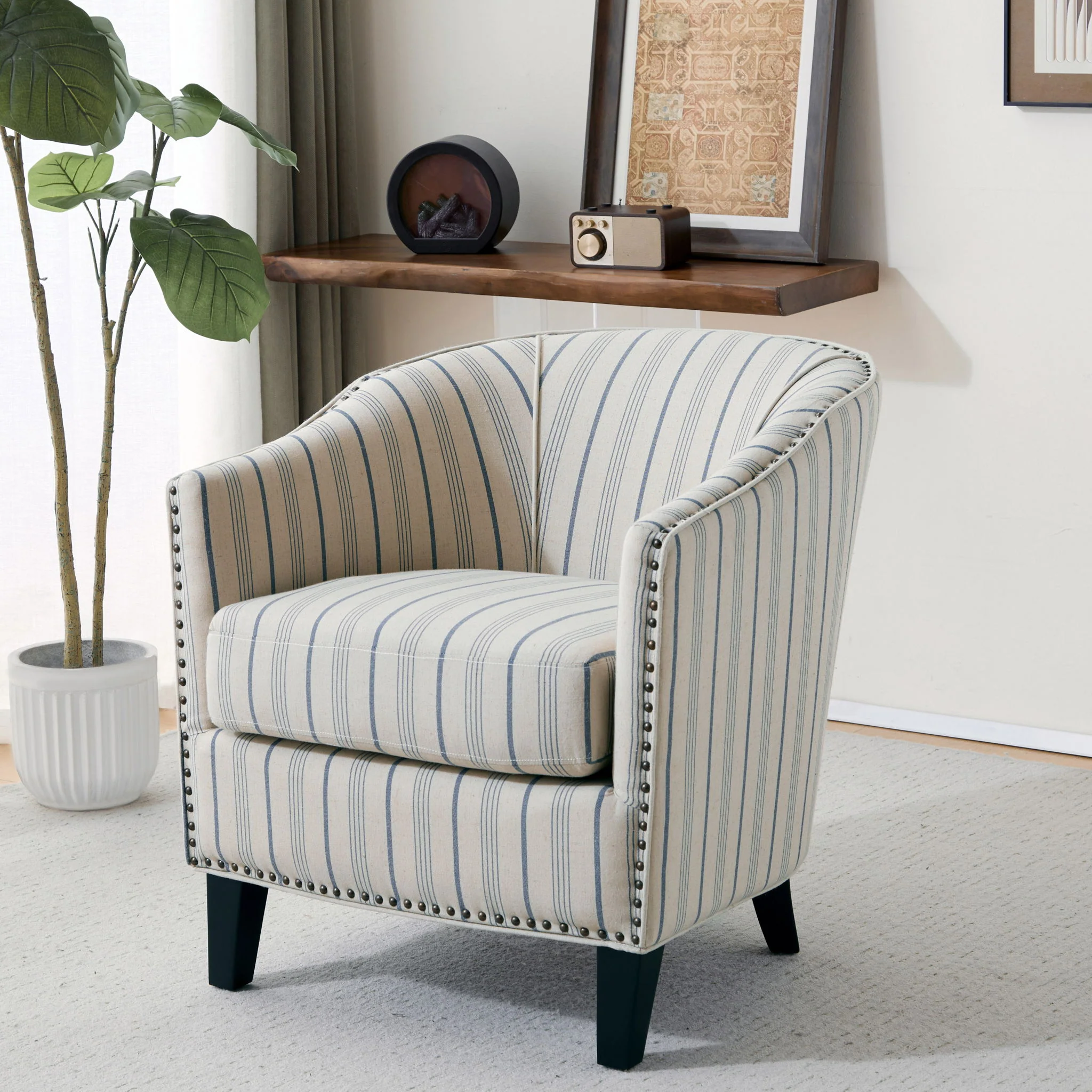 Transitional Upholstered Stripe Barrel Chair With Birch Wood Legs And Plush Cushioned Seat - Beige / Blue Stripe - Image 7