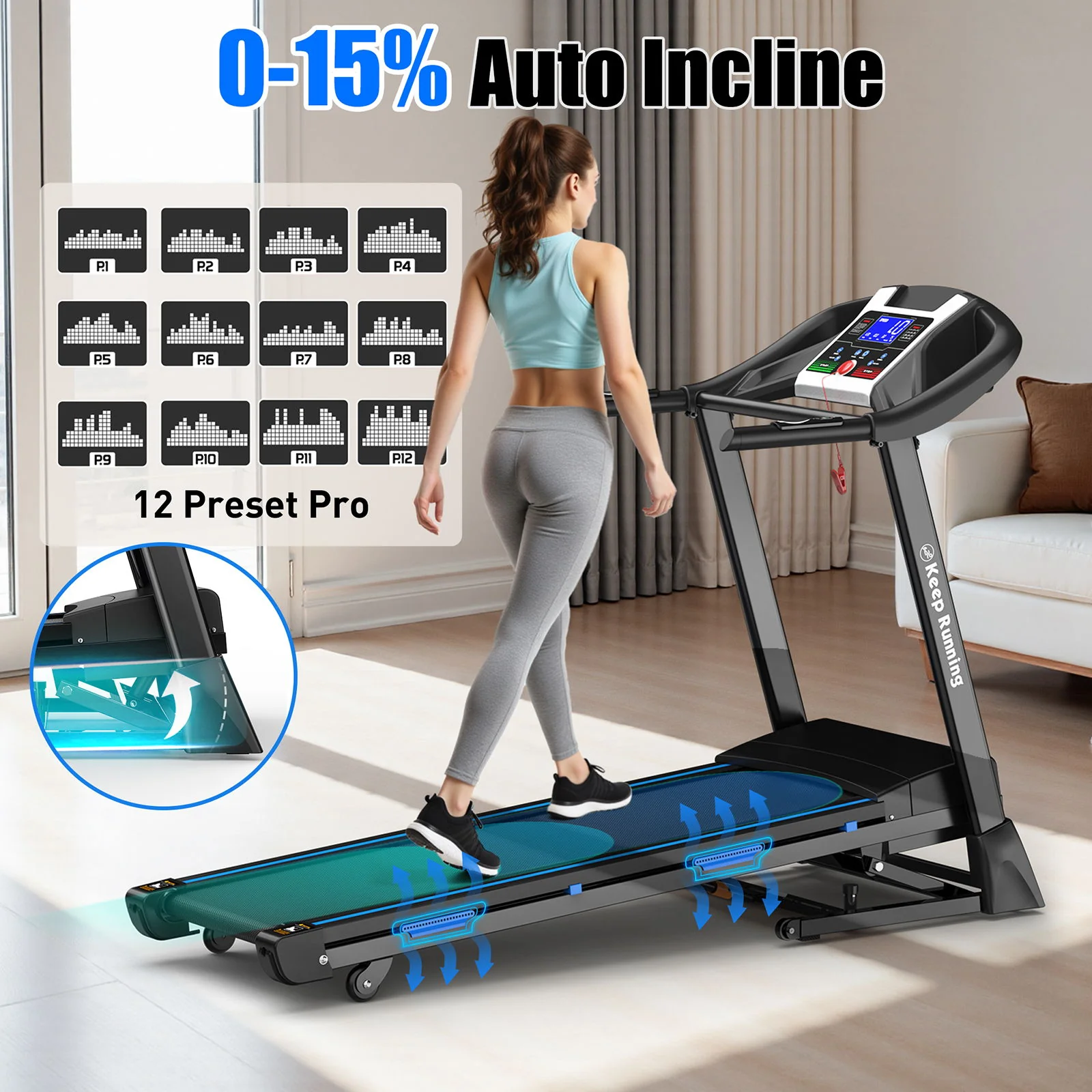 Treadmills For Home, Electric Treadmill With Automatic Incline, Foldable 3.5Hp Workout Running Machine Walking, Double Running Board Shock Absorption Pulse Sensor Bluetooth Speaker App Fitshow - Black - Image 3