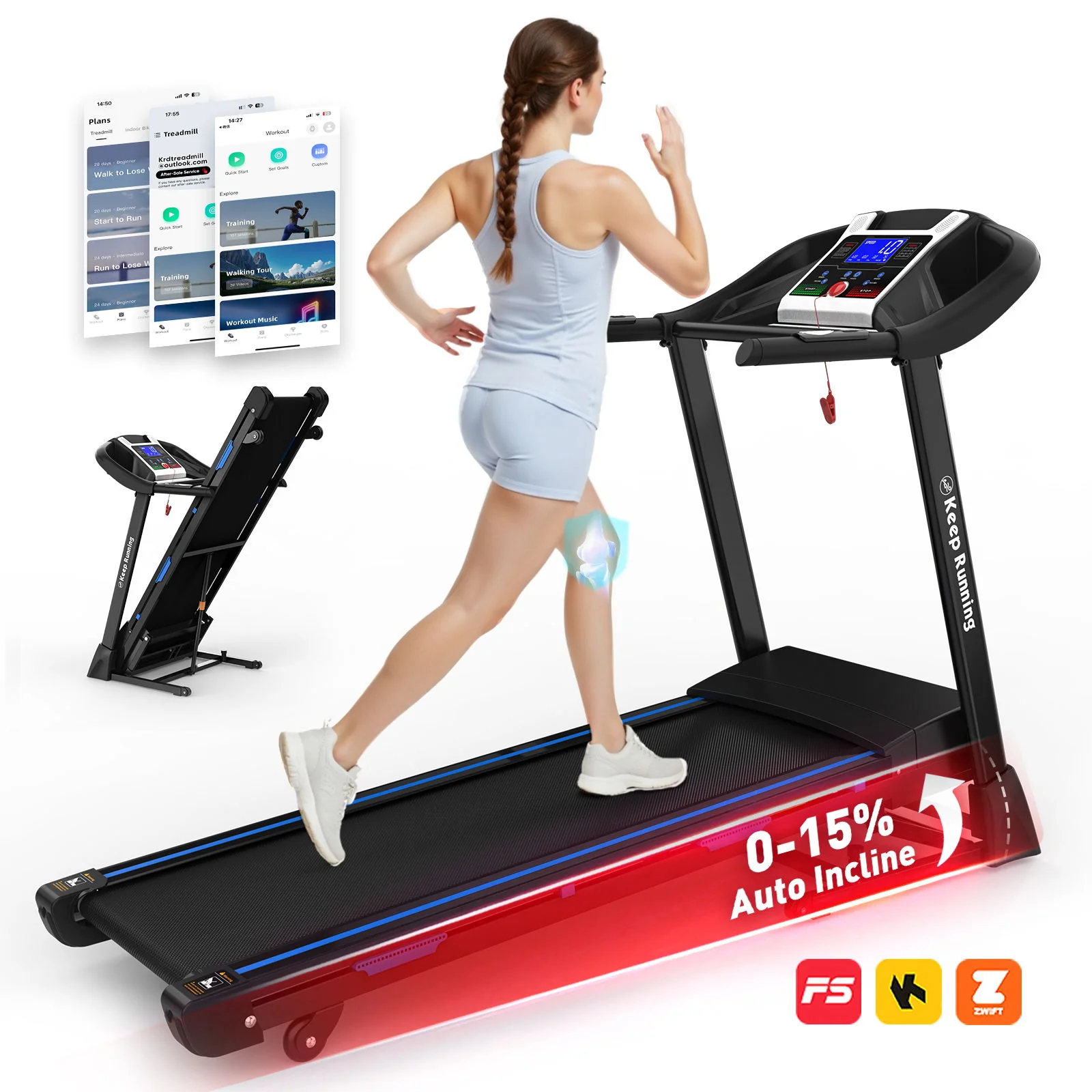 Treadmills For Home, Electric Treadmill With Automatic Incline, Foldable 3.5Hp Workout Running Machine Walking, Double Running Board Shock Absorption Pulse Sensor Bluetooth Speaker App Fitshow - Black - Image 9