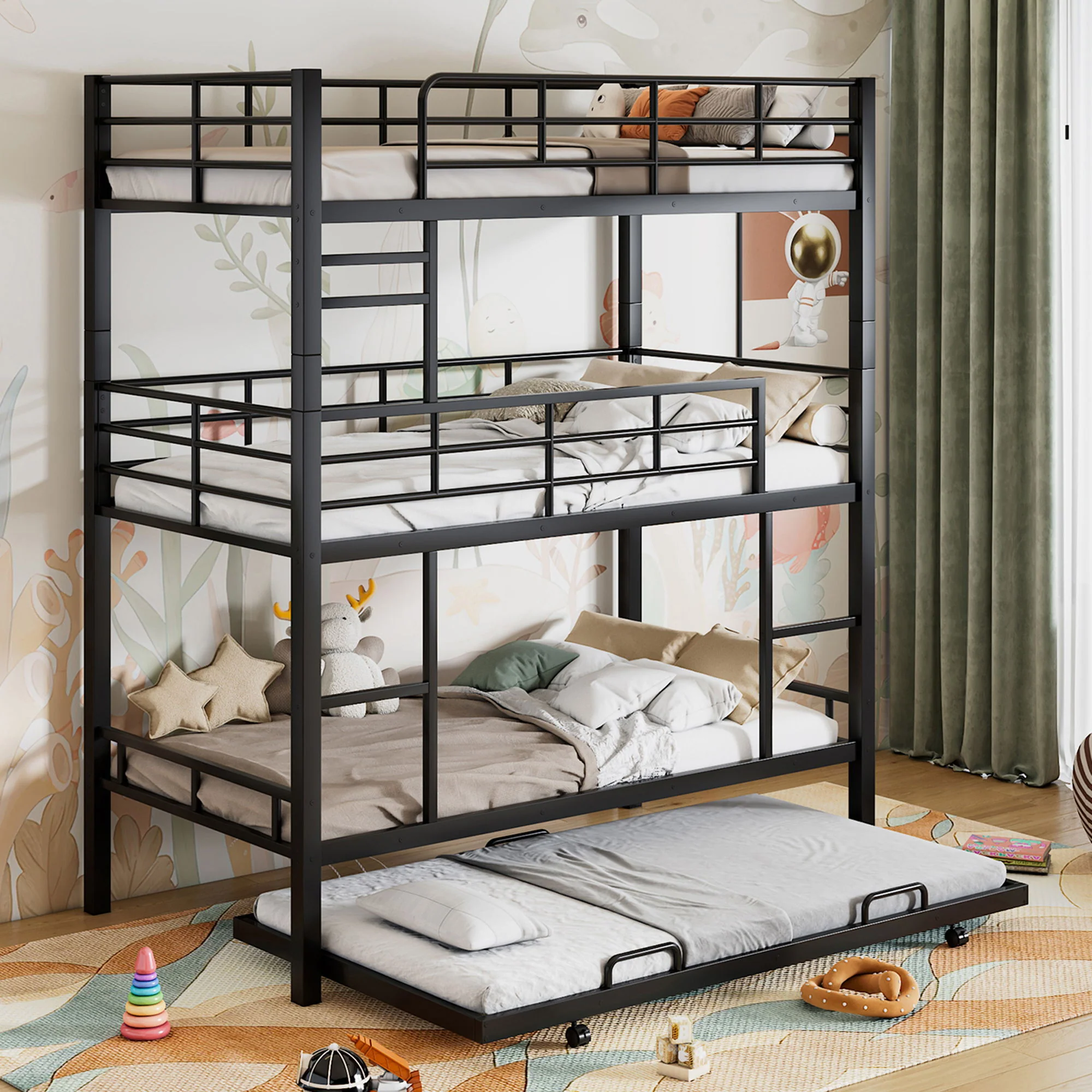 Triple Bunk Bed With Trundle, Heavy Duty Steel Construction - Image 7