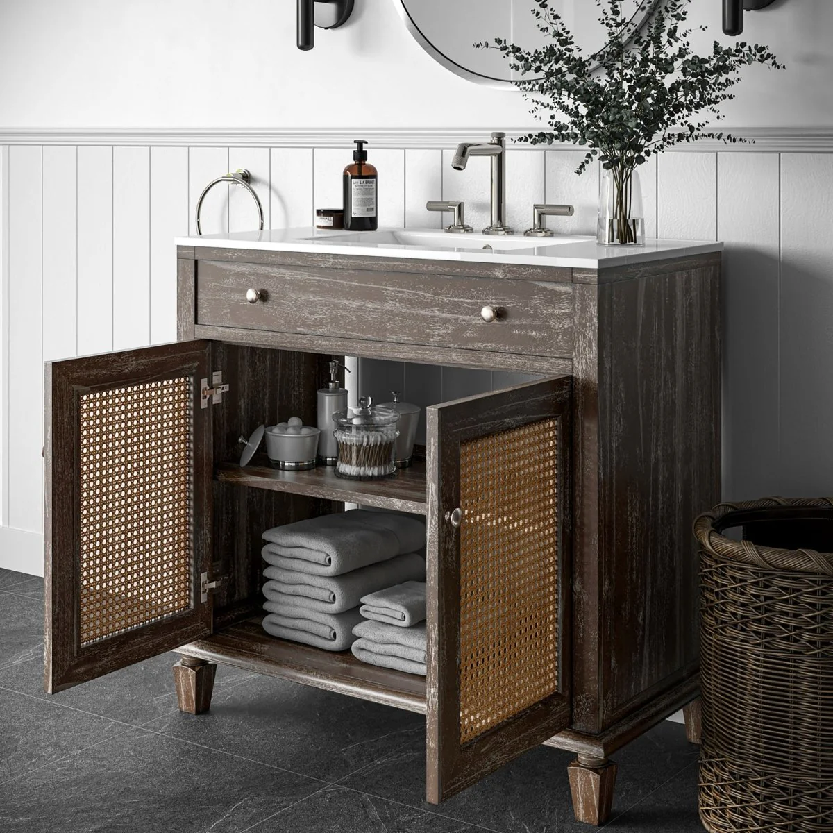 Tropical Wood Bathroom Vanity with Rattan Doors — Coastal Style Rattan Storage Cabinet - Image 13