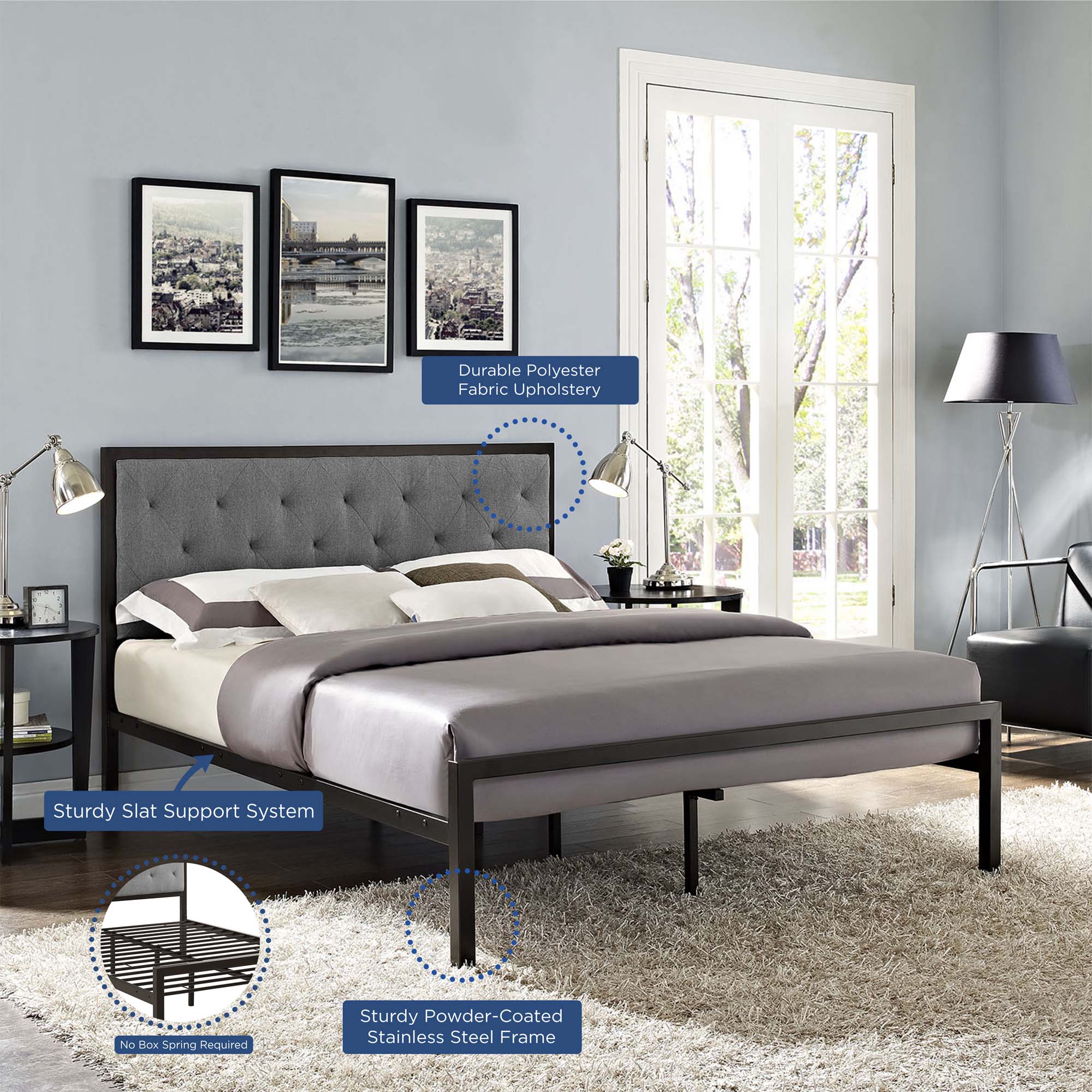 Tufted Button Vinyl Upholstered Steel Platform Bed - Image 22