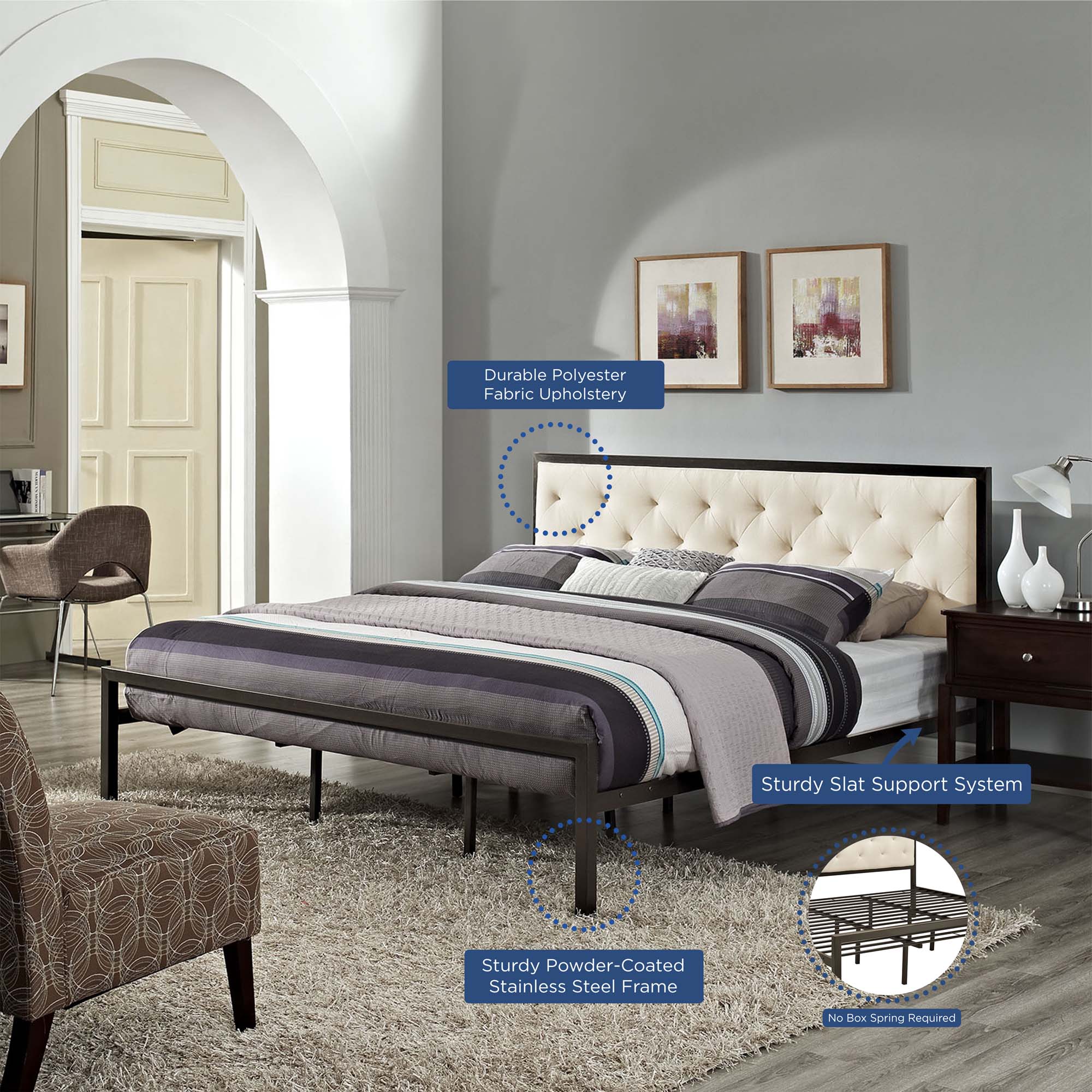 Tufted Button Vinyl Upholstered Steel Platform Bed - Image 27