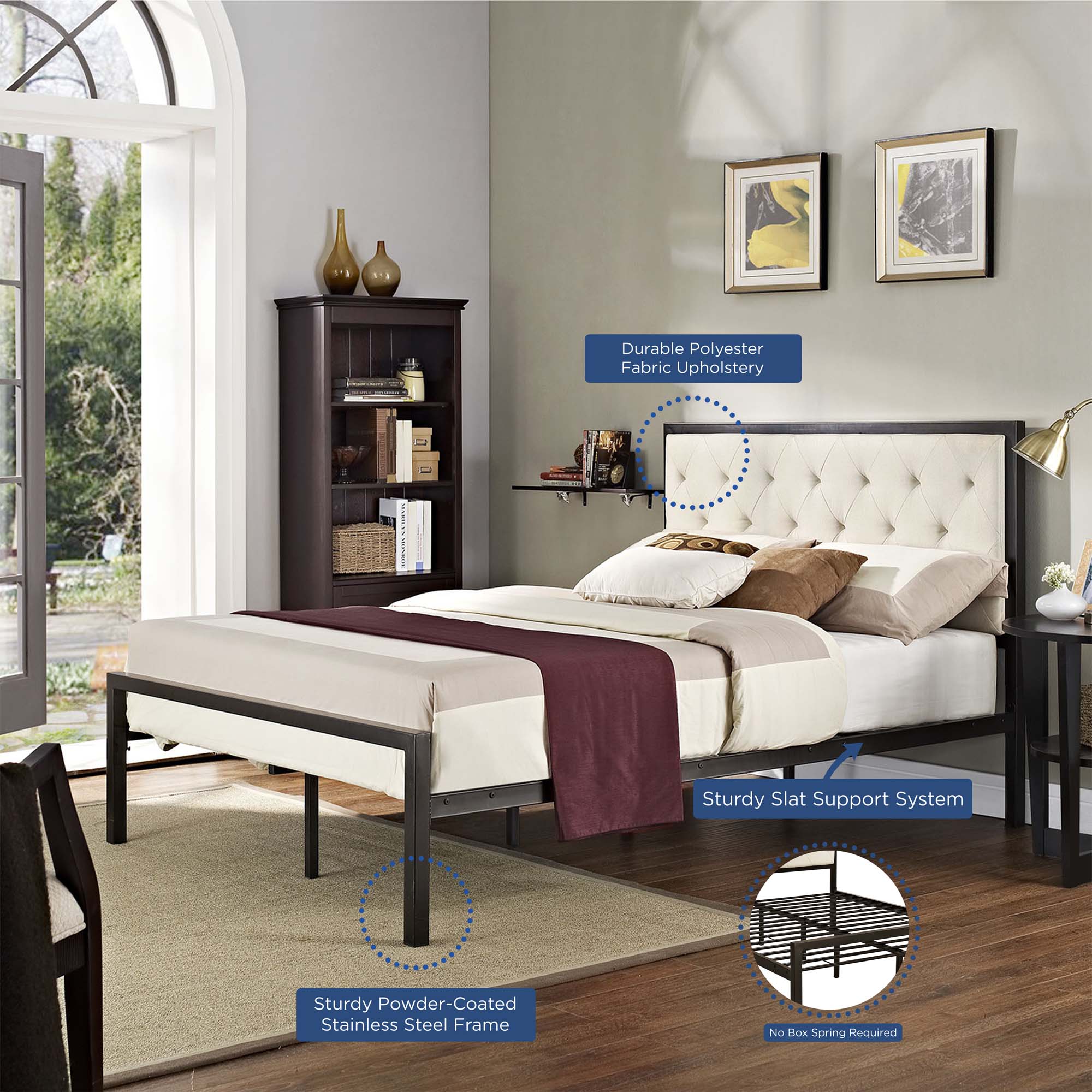 Tufted Button Vinyl Upholstered Steel Platform Bed - Image 7