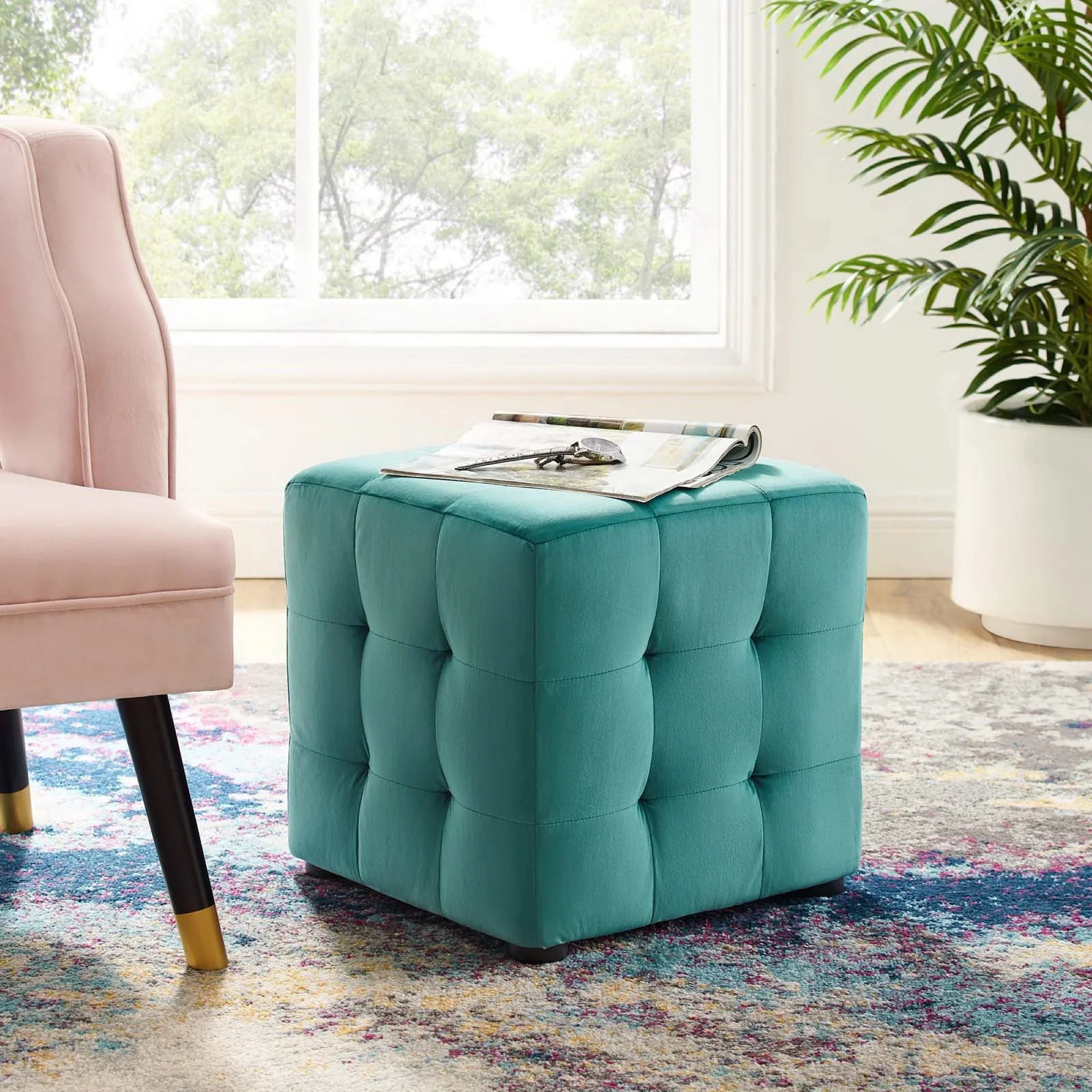 Tufted Cube Velvet Ottoman – 15 Inch Upholstered - Image 27