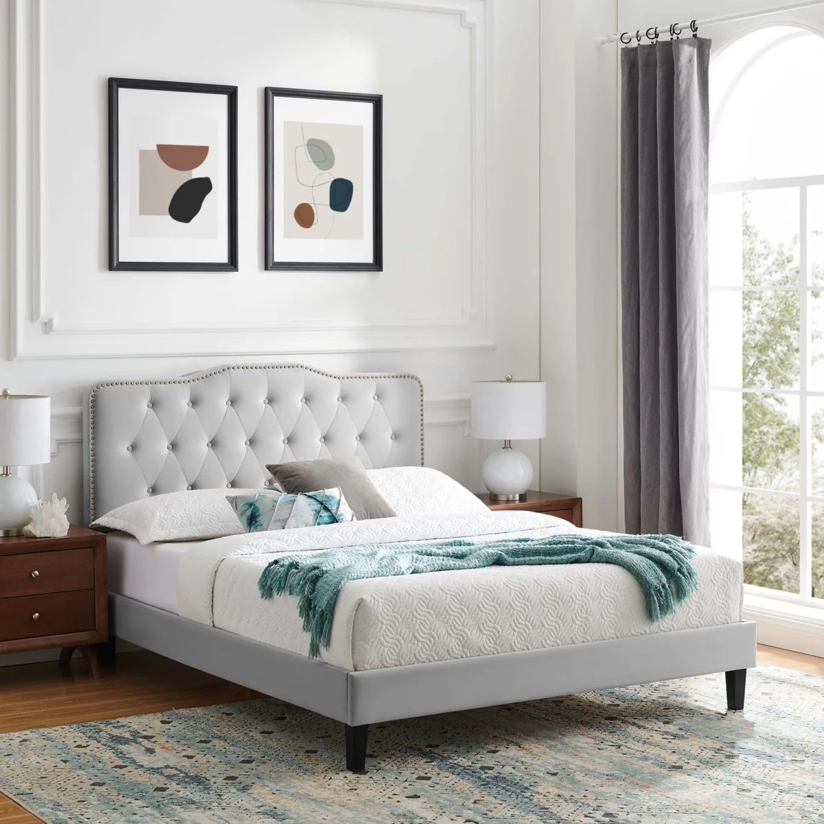 Tufted Nailhead Performance Velvet Platform Bed - Image 25