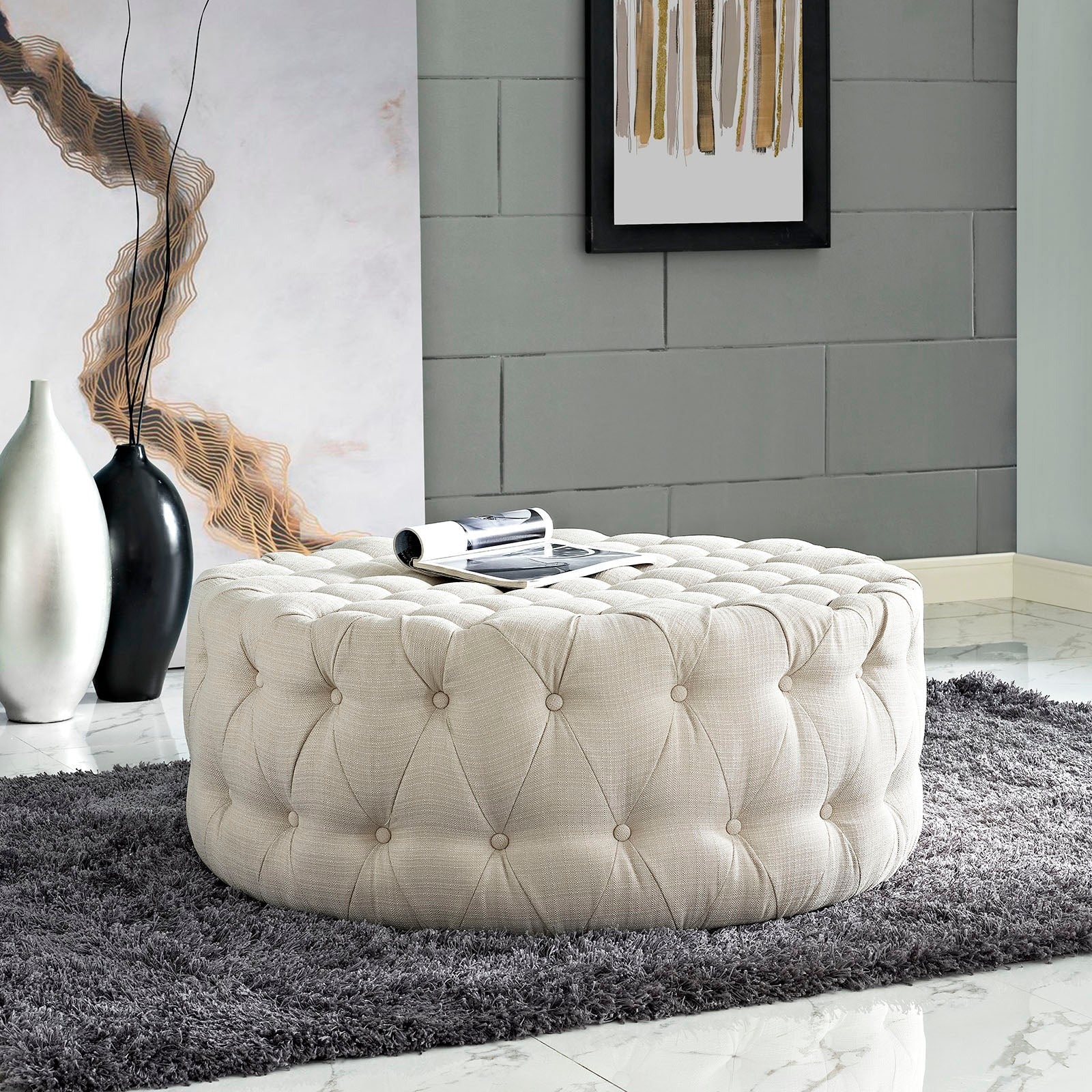 Tufted Round Fabric Upholstered Ottoman – 40 Inch - Image 6