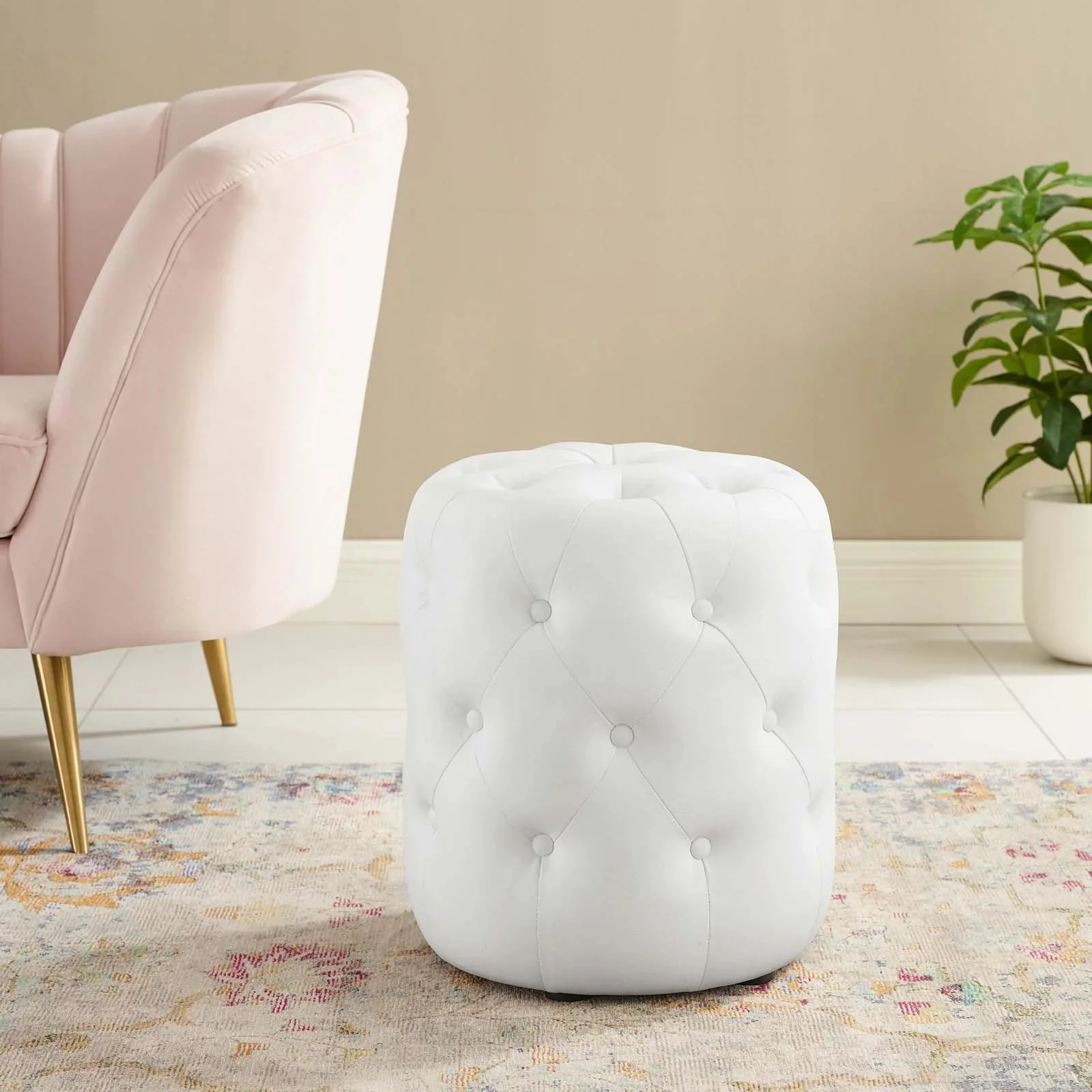 Tufted Round Faux Leather Upholstered Ottoman – 16 Inch - Image 3