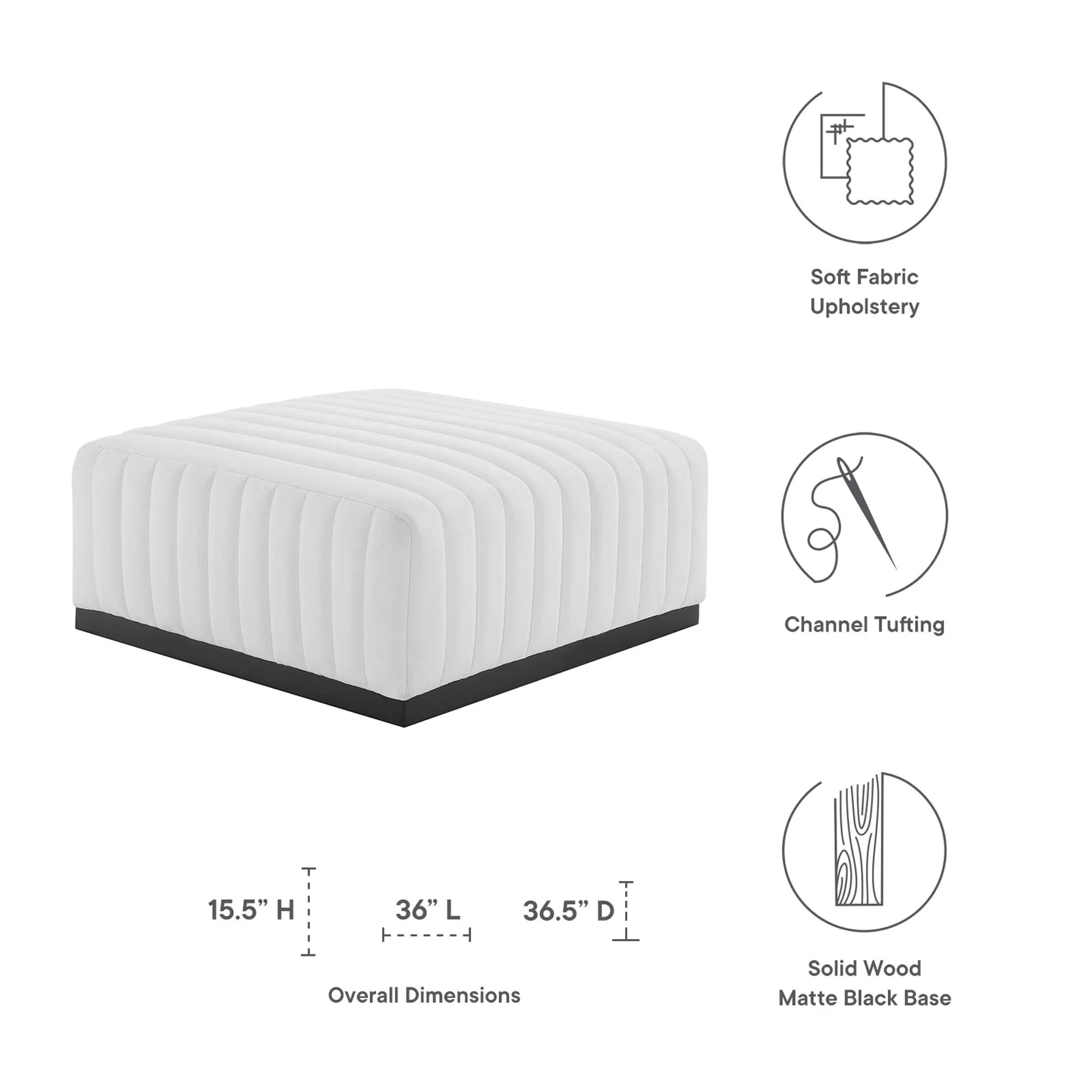 Channel Tufted Upholstered Fabric Ottoman with Black Base – 36 Inch - Image 17