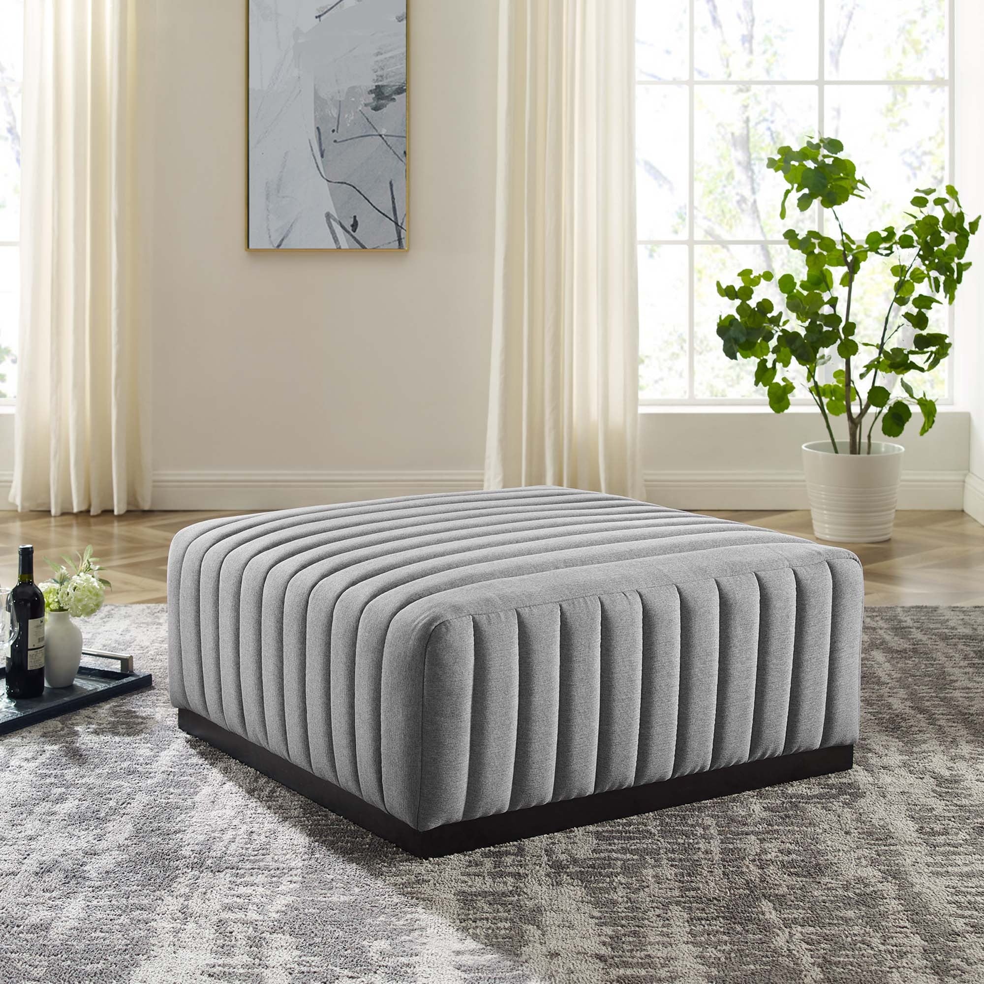 Channel Tufted Upholstered Fabric Ottoman with Black Base – 36 Inch - Image 9