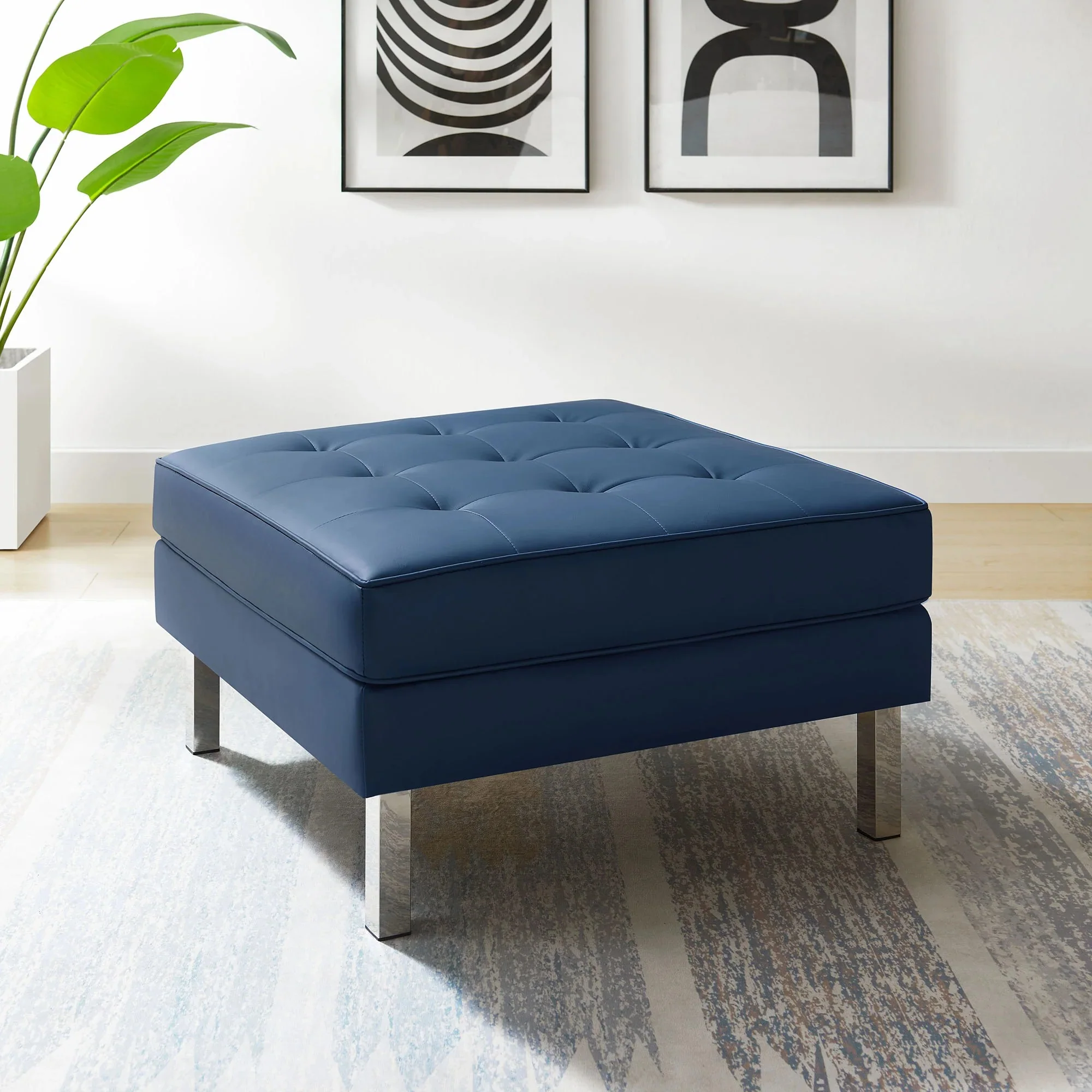 Tufted Vegan Leather Ottoman with Metal Legs – 28 Inch - Image 20