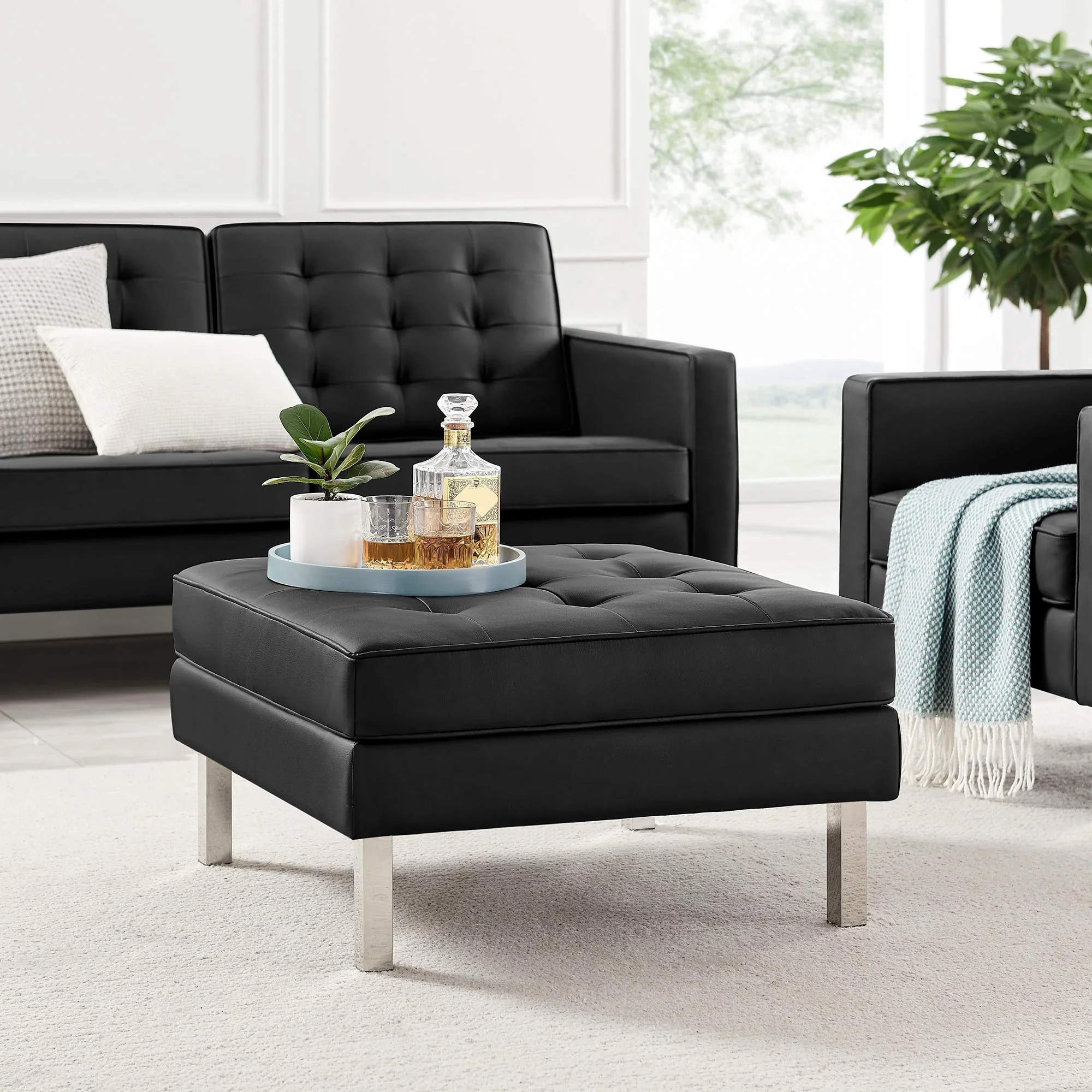 Tufted Vegan Leather Ottoman with Metal Legs – 28 Inch - Image 5