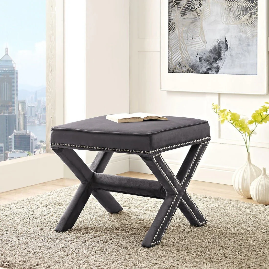 Tufted Velvet Bench Ottoman with Nailhead Trim – 20 Inch - Image 7