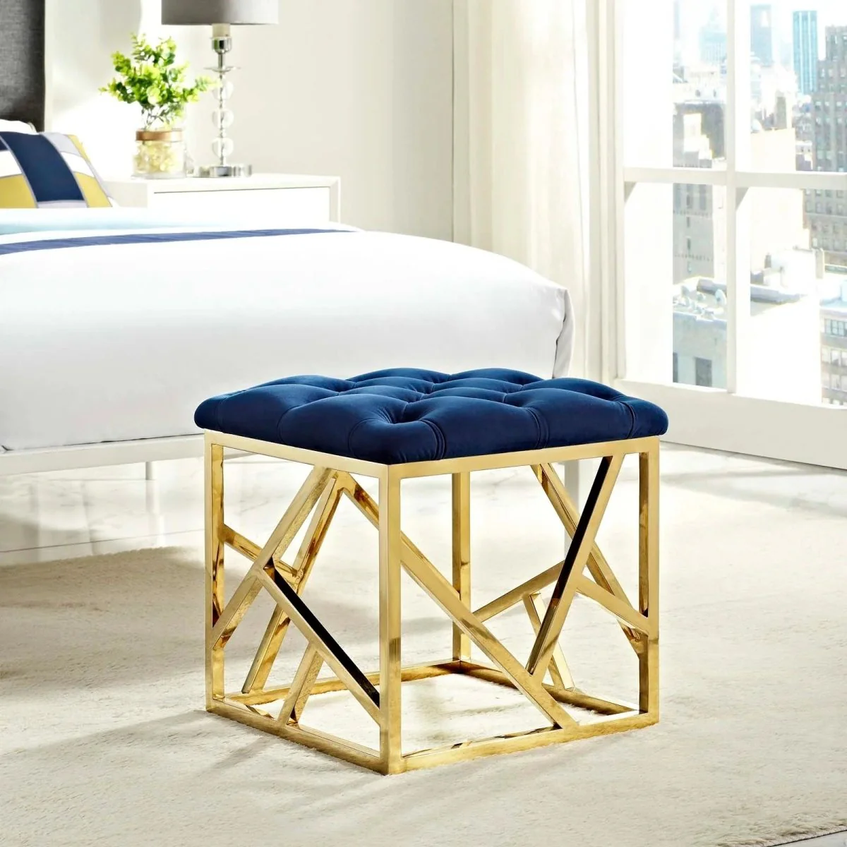 Tufted Velvet Ottoman with Gold Base – 18 Inch Square - Image 6