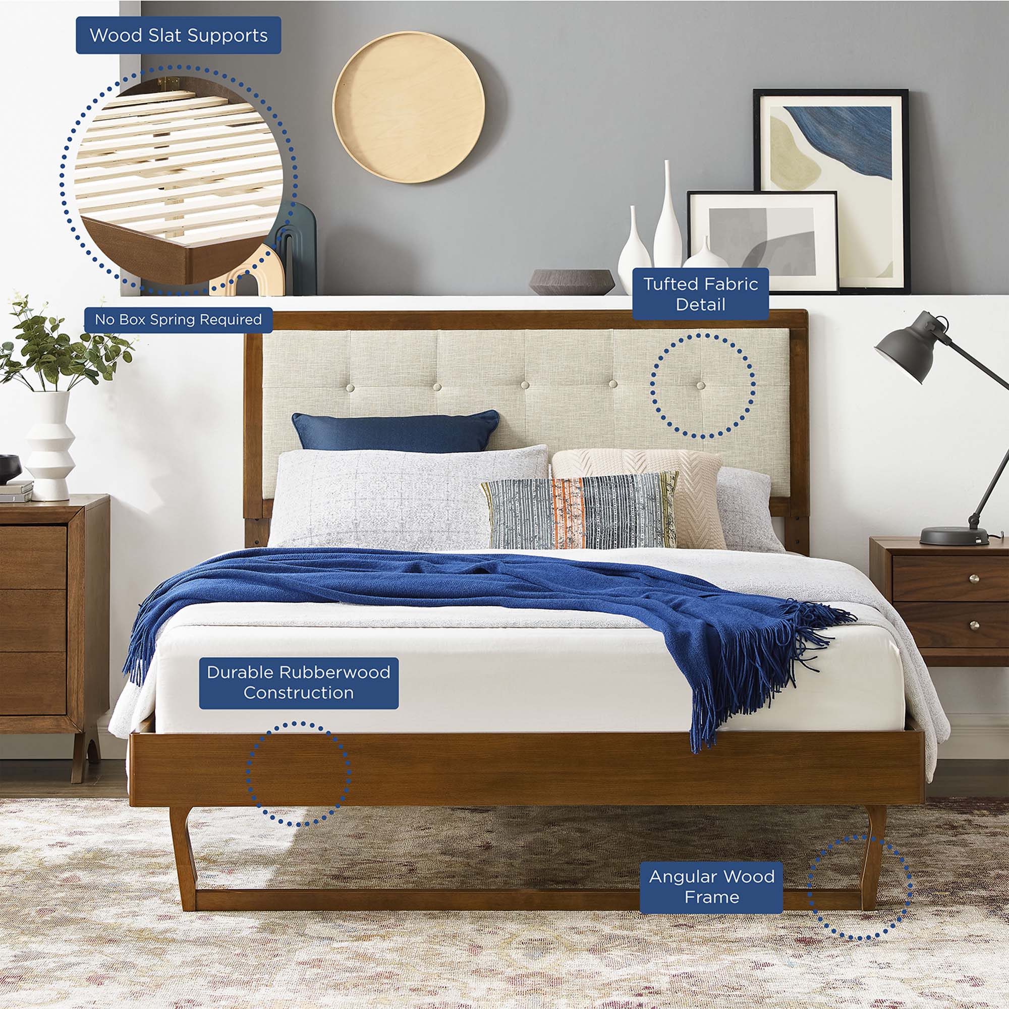 Tufted Wood Platform Bed with Angular Frame - Image 39