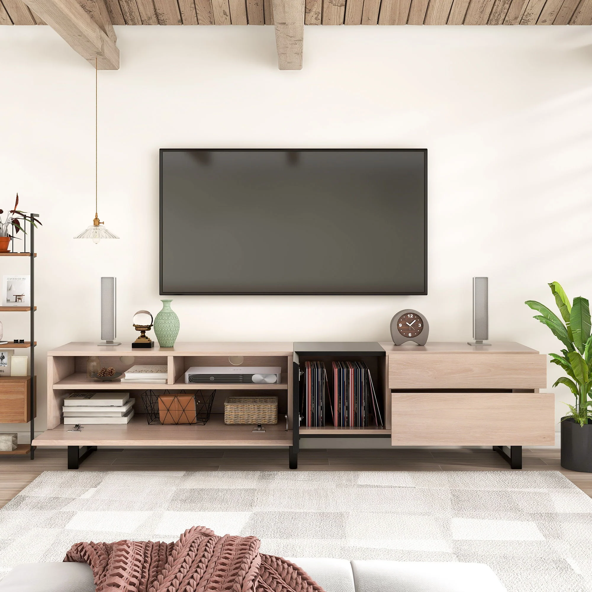 TV Stand For 80'' TV With Double Storage Space, Media Console Table With Drop Down Door - Image 7