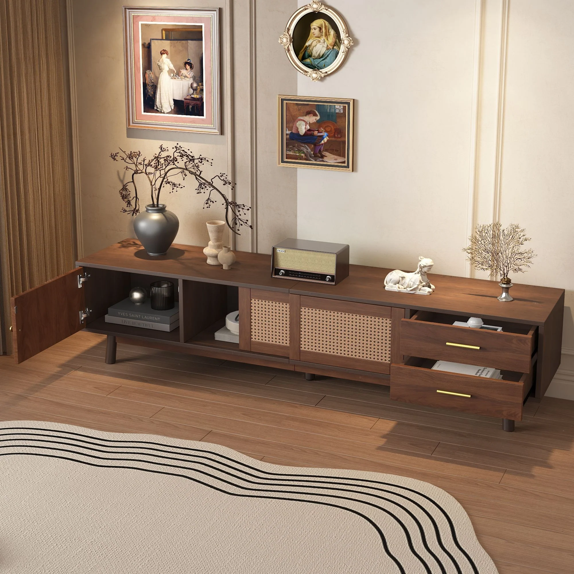 TV Stand For 80" TVs With Sliding Doors And Drawers, Accent Storage Unit - Dark Brown - Image 3