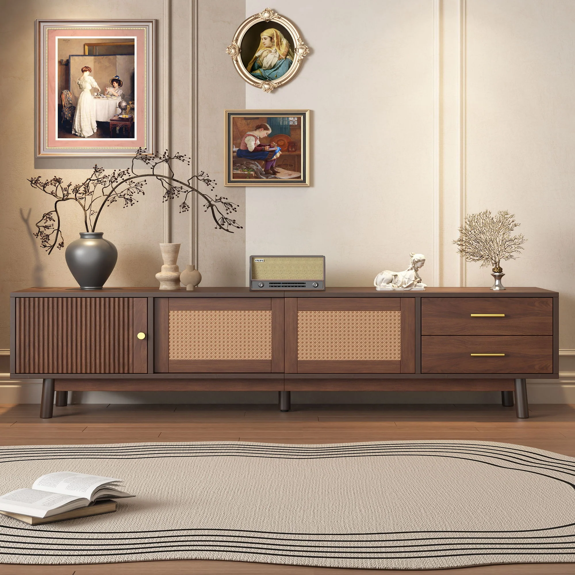 TV Stand For 80" TVs With Sliding Doors And Drawers, Accent Storage Unit - Dark Brown - Image 7